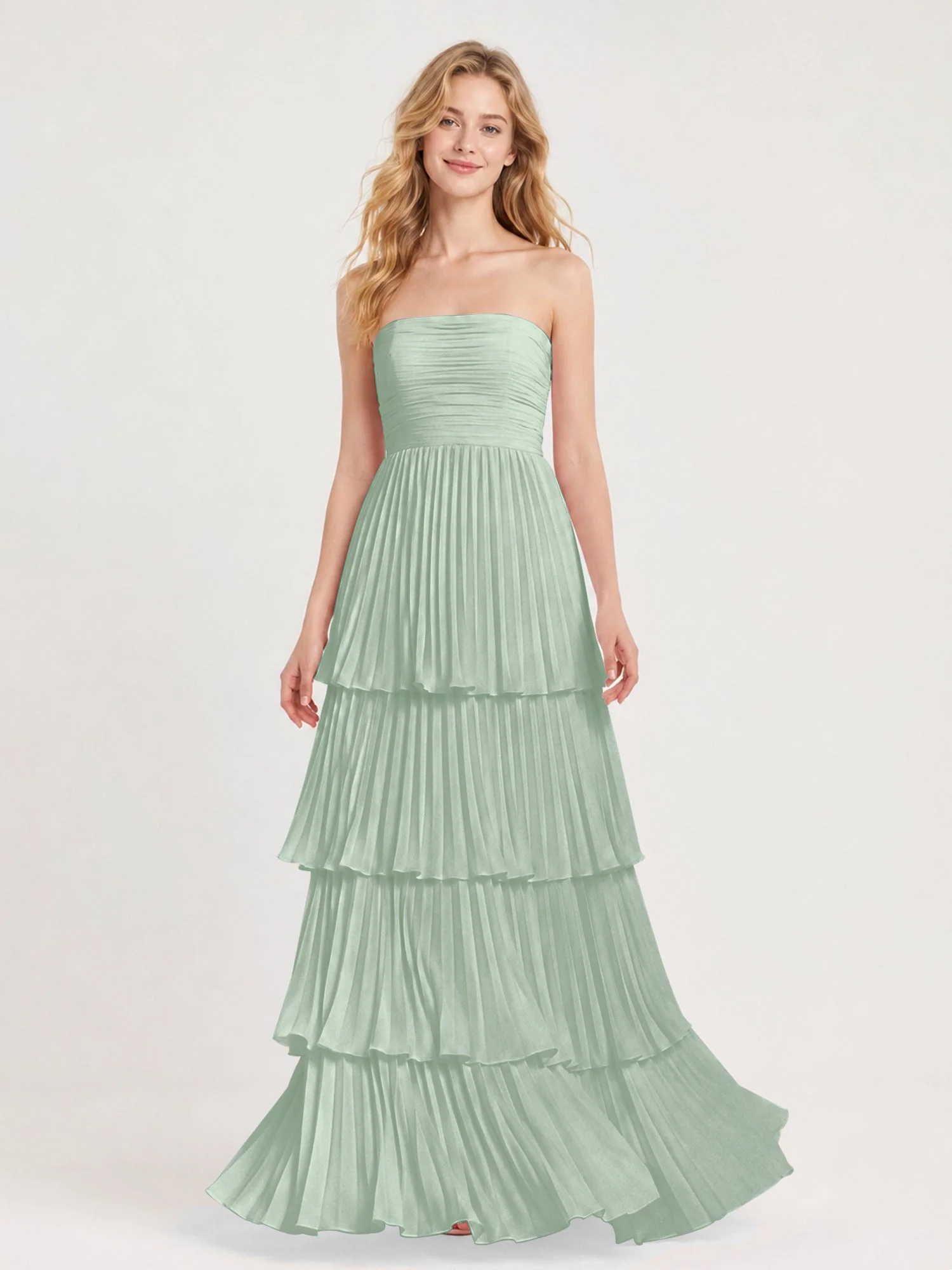 Maxikleid mit Schulterfreiem Oberteil und Akkordeonfalten Agavengrün