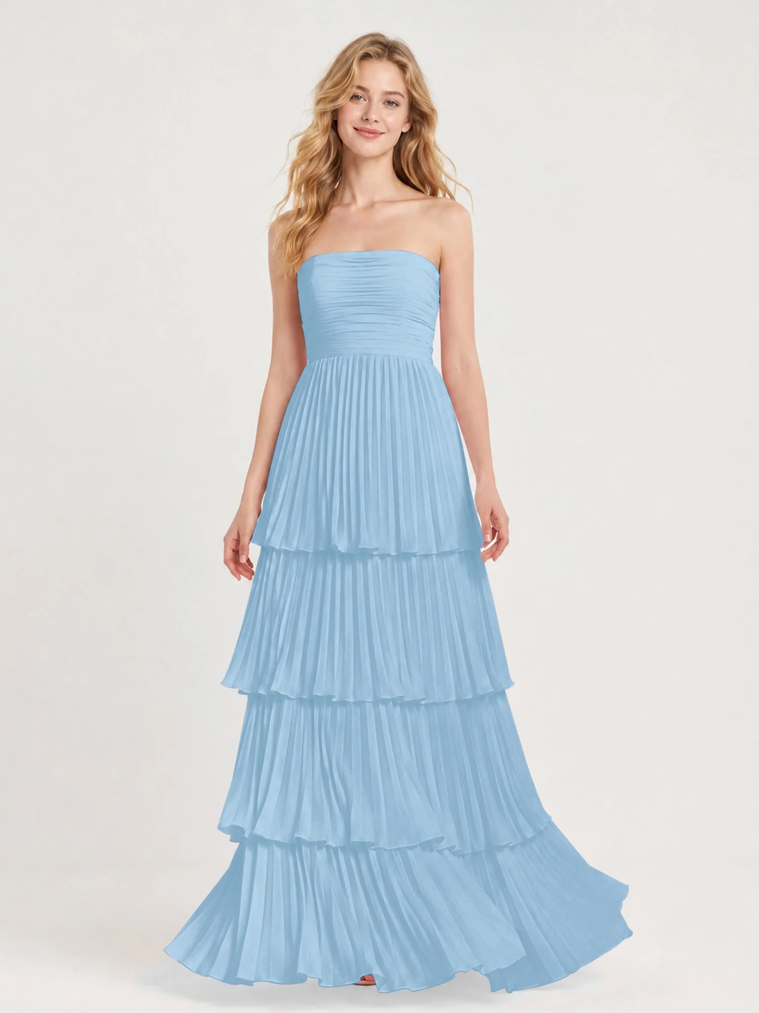 Maxikleid mit Schulterfreiem Oberteil und Akkordeonfalten Blau