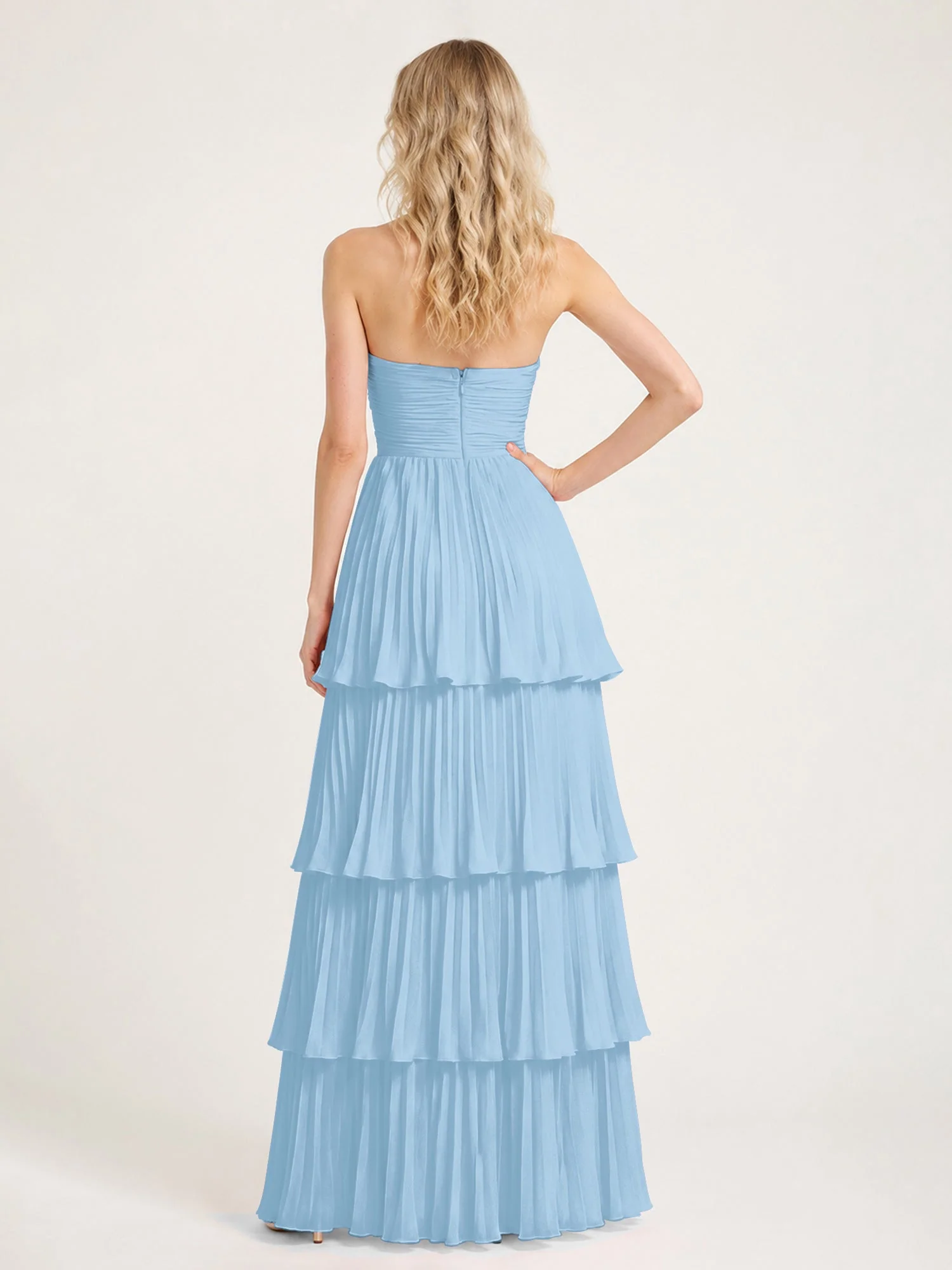 Maxikleid mit Schulterfreiem Oberteil und Akkordeonfalten Blau - Image 2