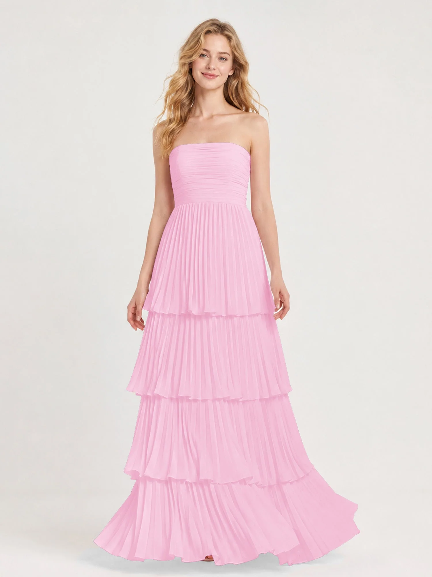 Maxikleid mit Schulterfreiem Oberteil und Akkordeonfalten Bonbonrosa