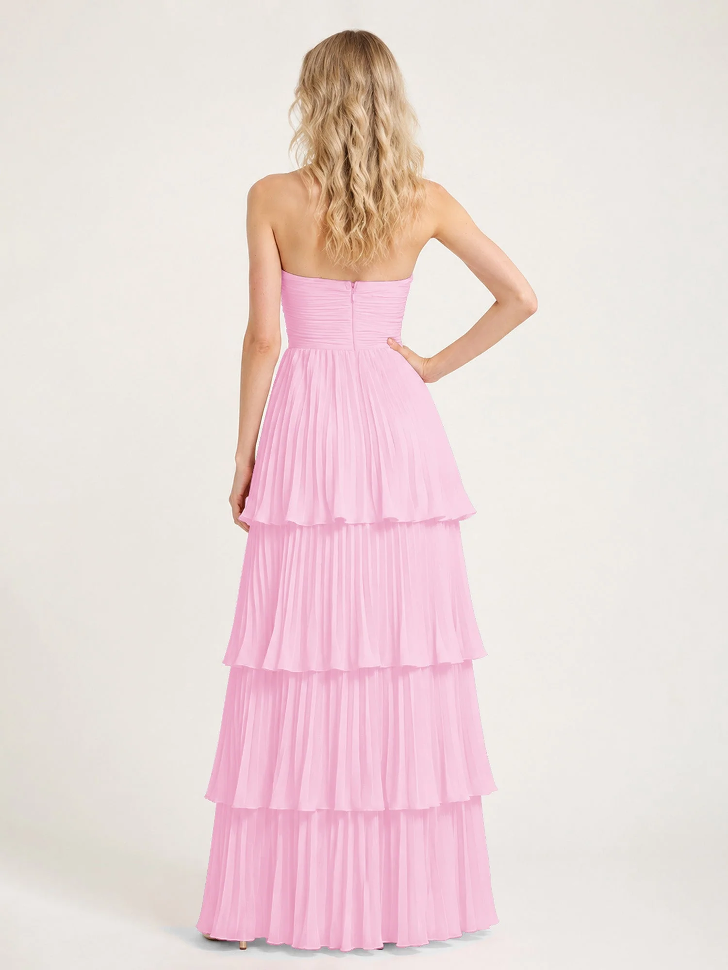 Maxikleid mit Schulterfreiem Oberteil und Akkordeonfalten Bonbonrosa - Image 2