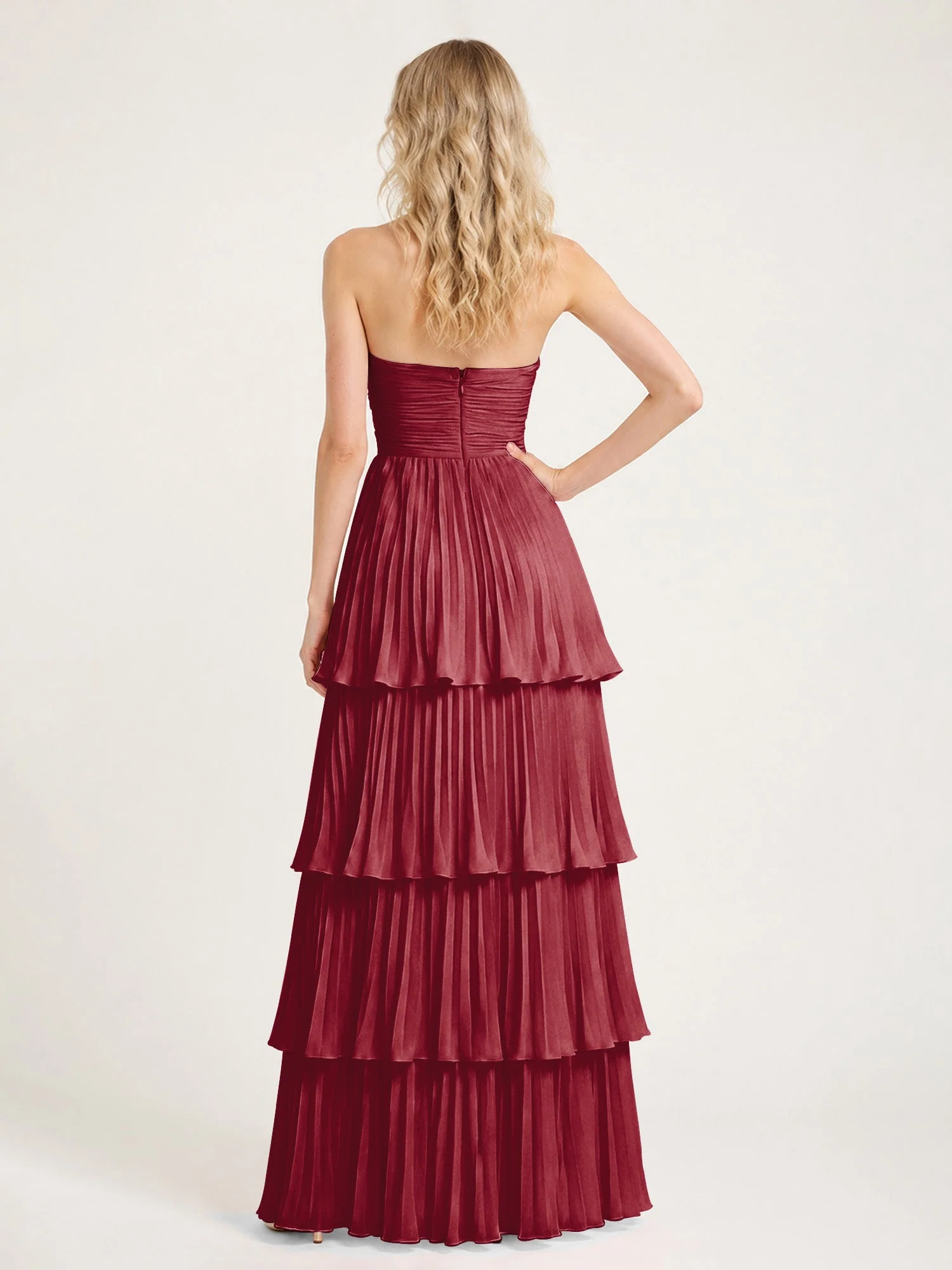 Maxikleid mit Schulterfreiem Oberteil und Akkordeonfalten Burgunderrot - Image 2