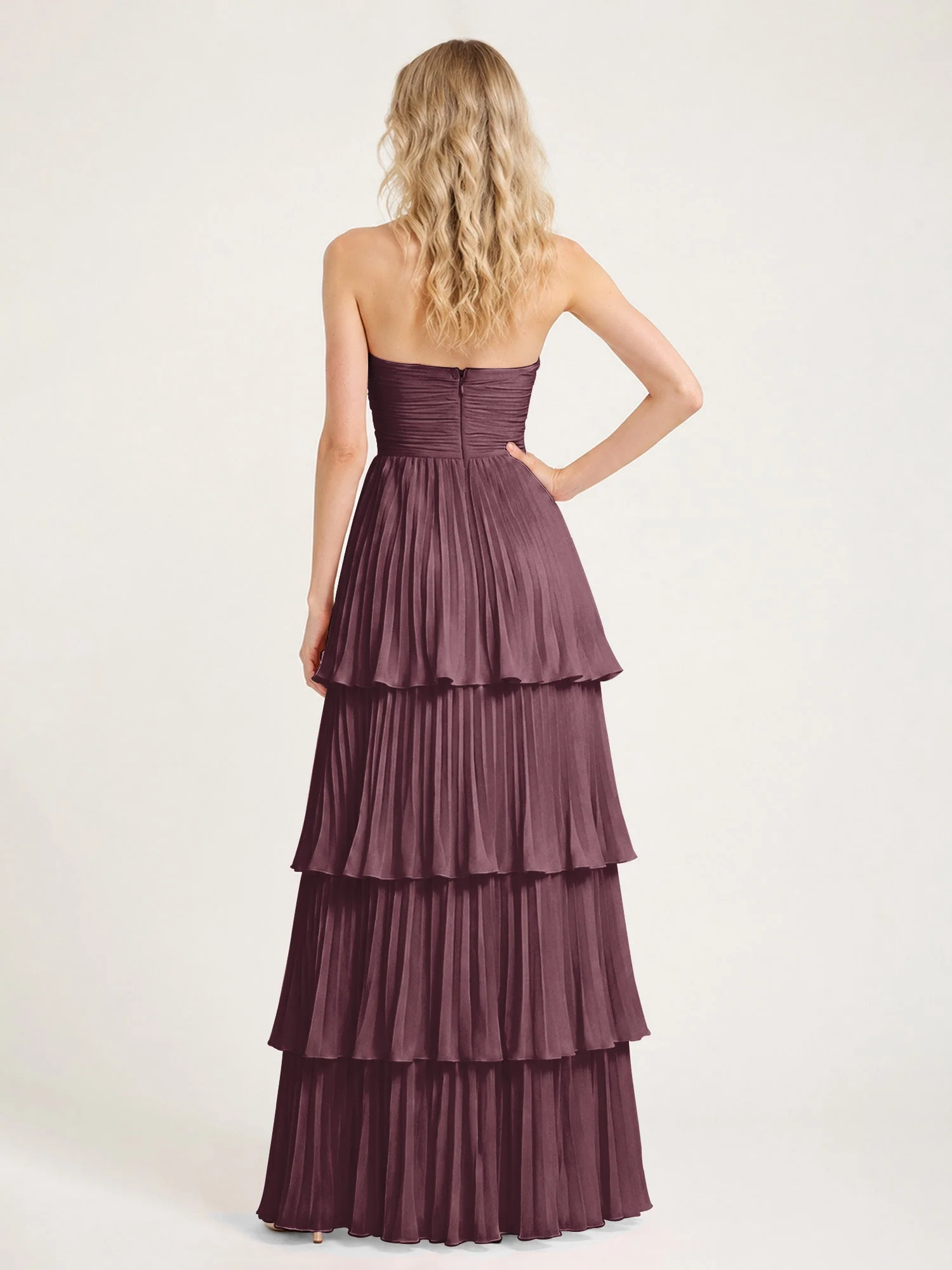 Maxikleid mit Schulterfreiem Oberteil und Akkordeonfalten Cabernet - Image 2