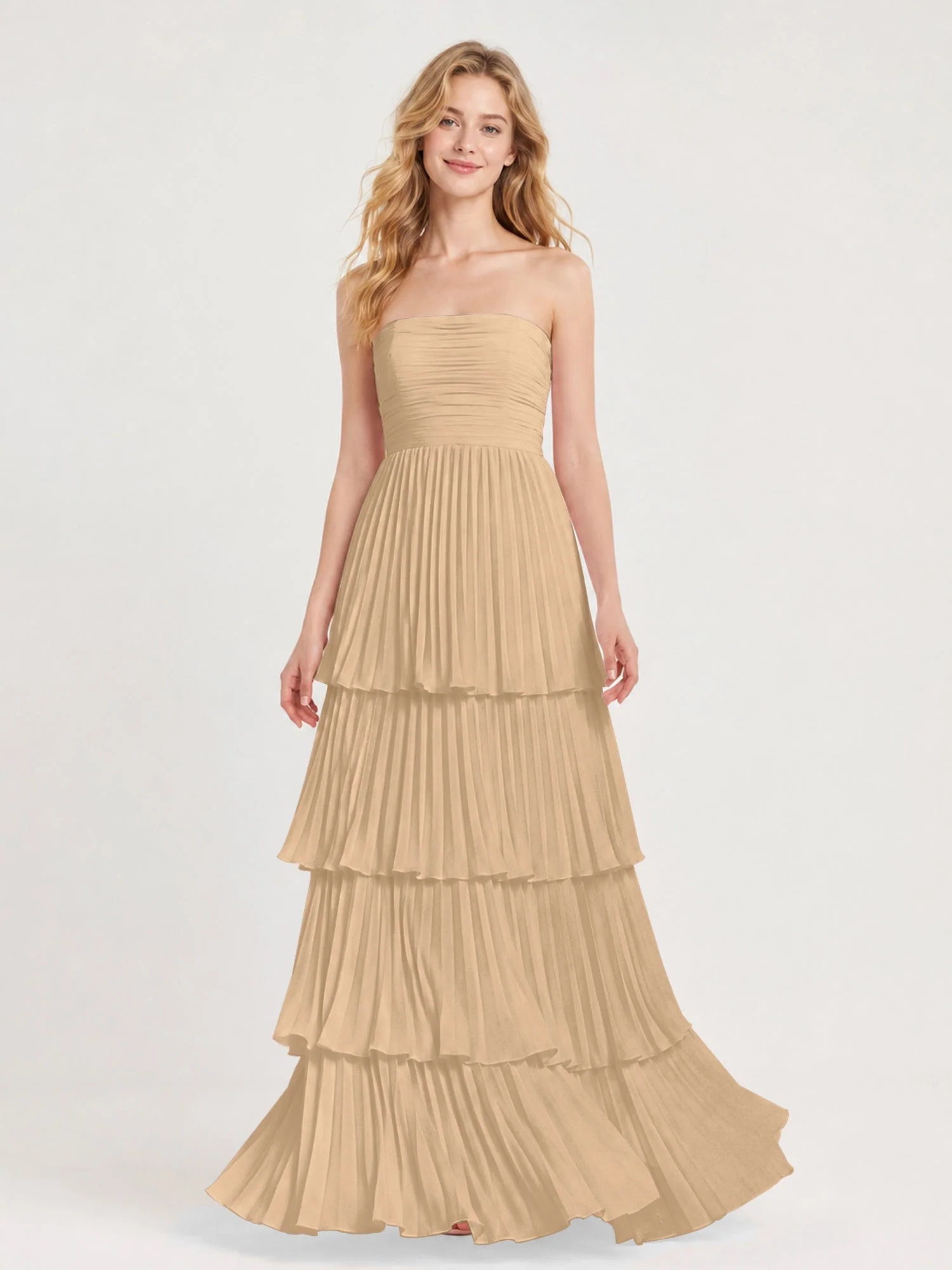 Maxikleid mit Schulterfreiem Oberteil und Akkordeonfalten Champagner