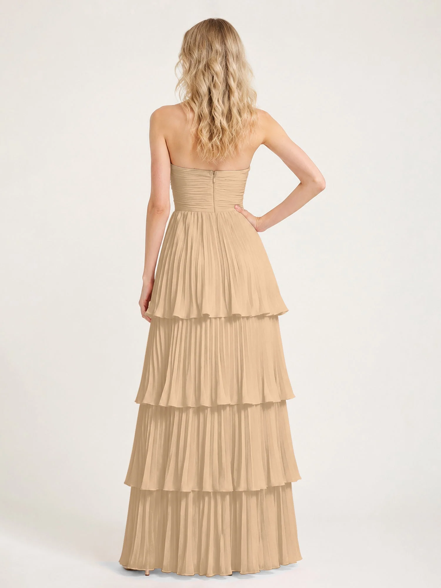 Maxikleid mit Schulterfreiem Oberteil und Akkordeonfalten Champagner - Image 2