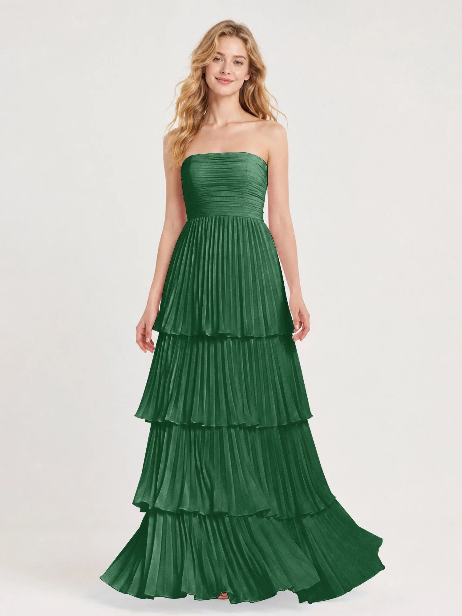 Maxikleid mit Schulterfreiem Oberteil und Akkordeonfalten Dunkelgrün