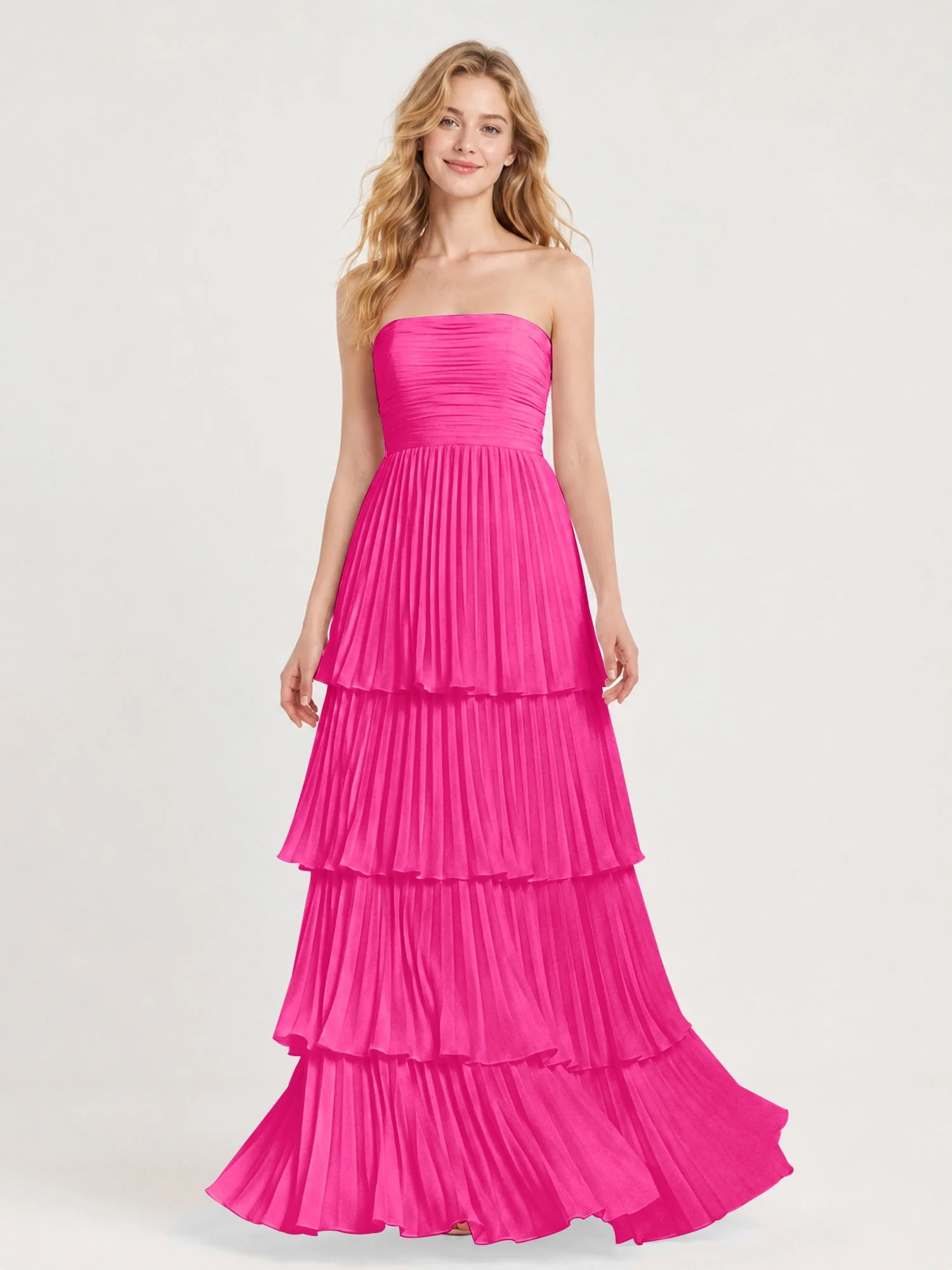 Maxikleid mit Schulterfreiem Oberteil und Akkordeonfalten Fuchsia