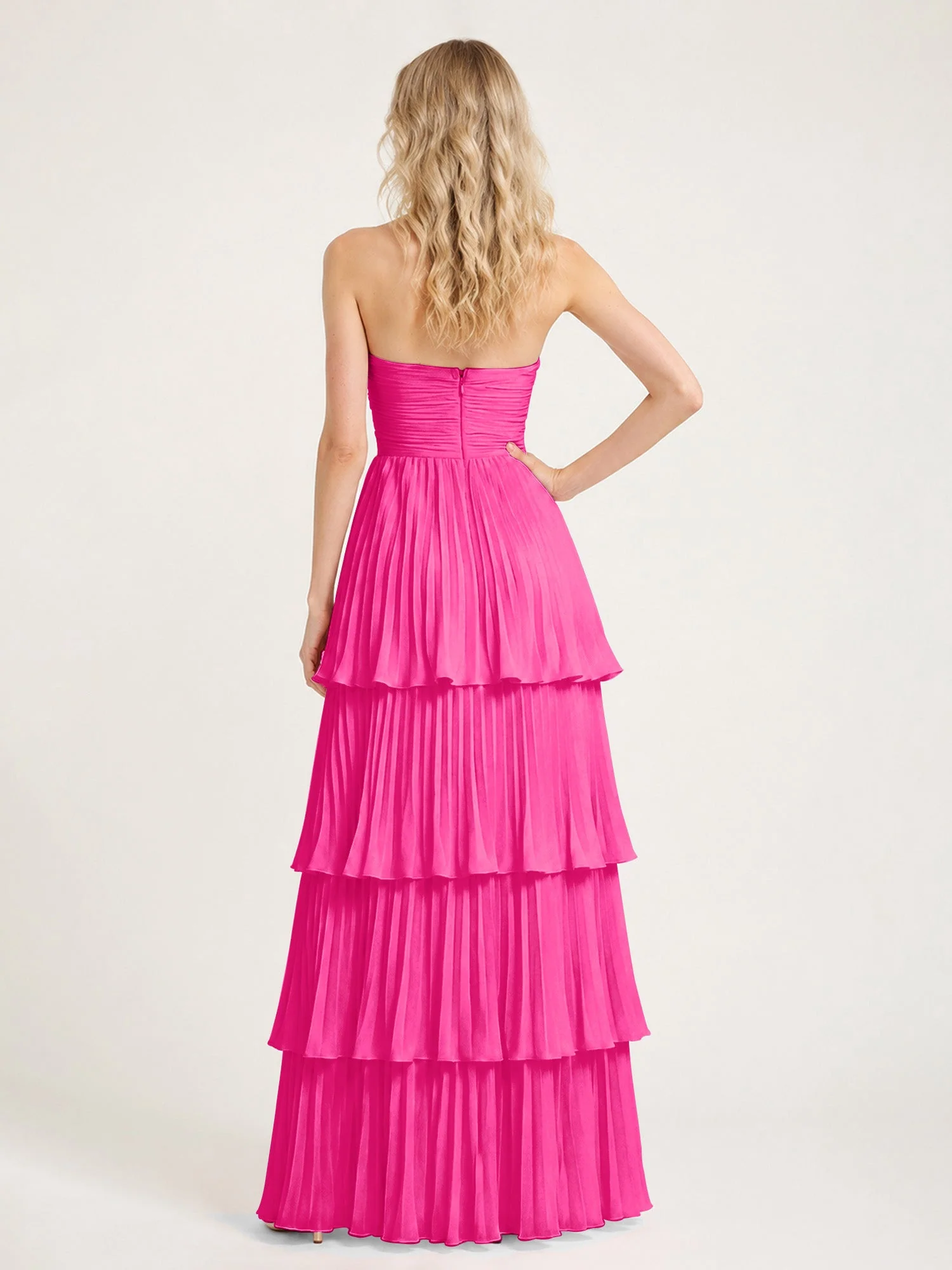 Maxikleid mit Schulterfreiem Oberteil und Akkordeonfalten Fuchsia - Image 2