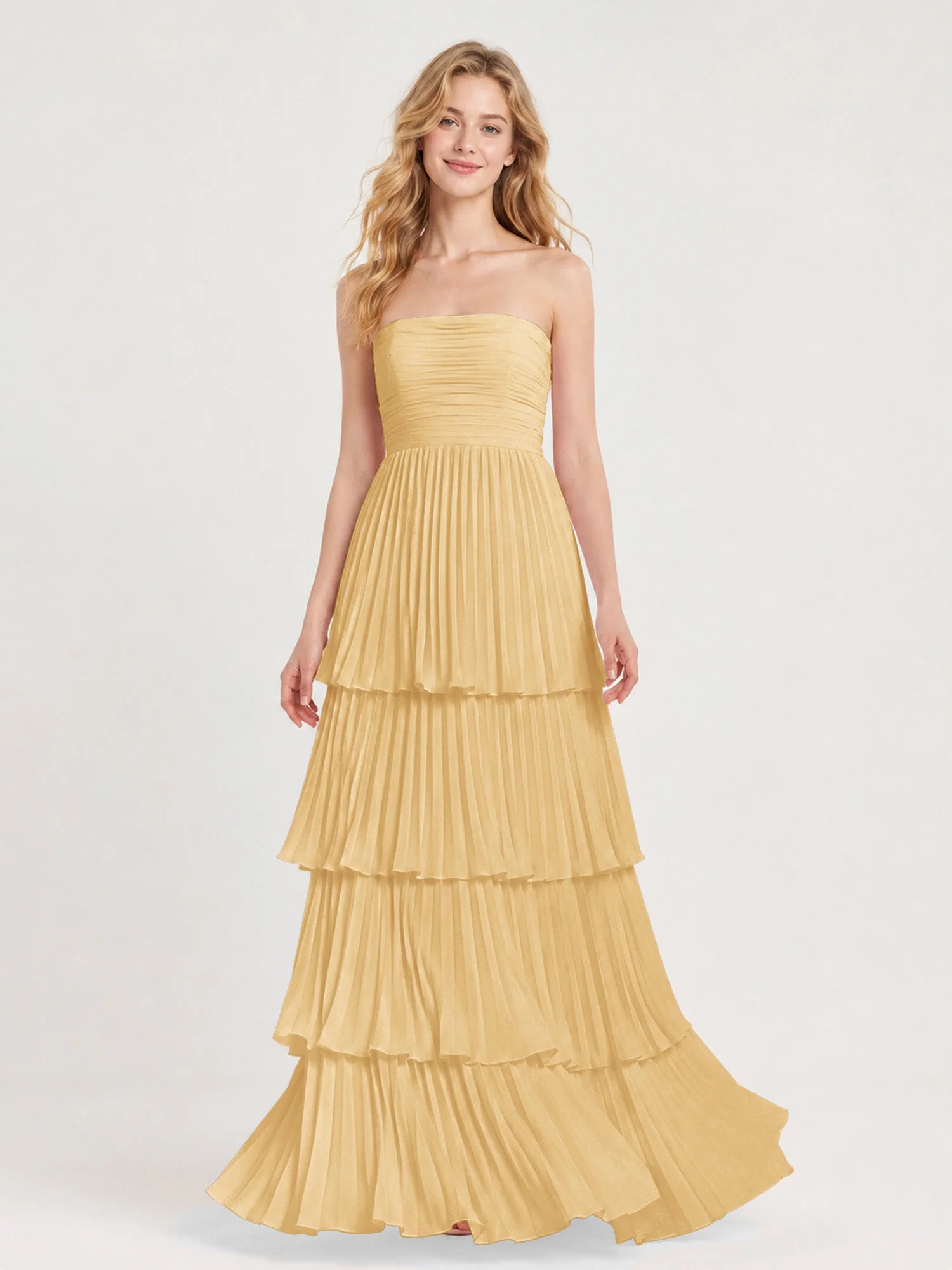 Maxikleid mit Schulterfreiem Oberteil und Akkordeonfalten Gold
