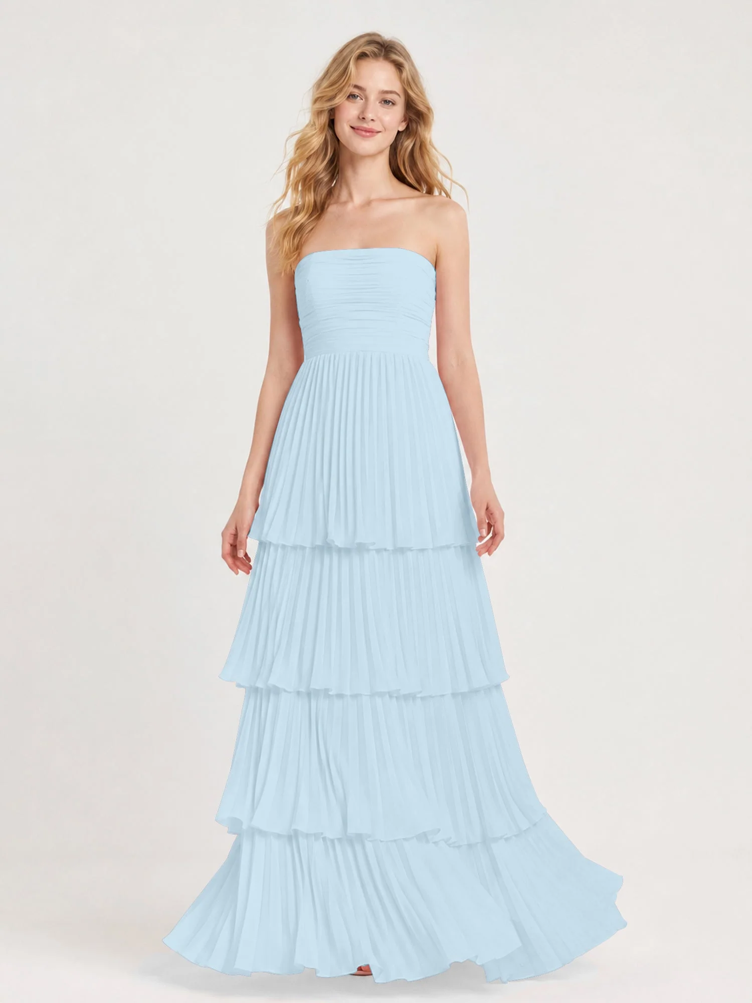 Maxikleid mit Schulterfreiem Oberteil und Akkordeonfalten Himmelblau