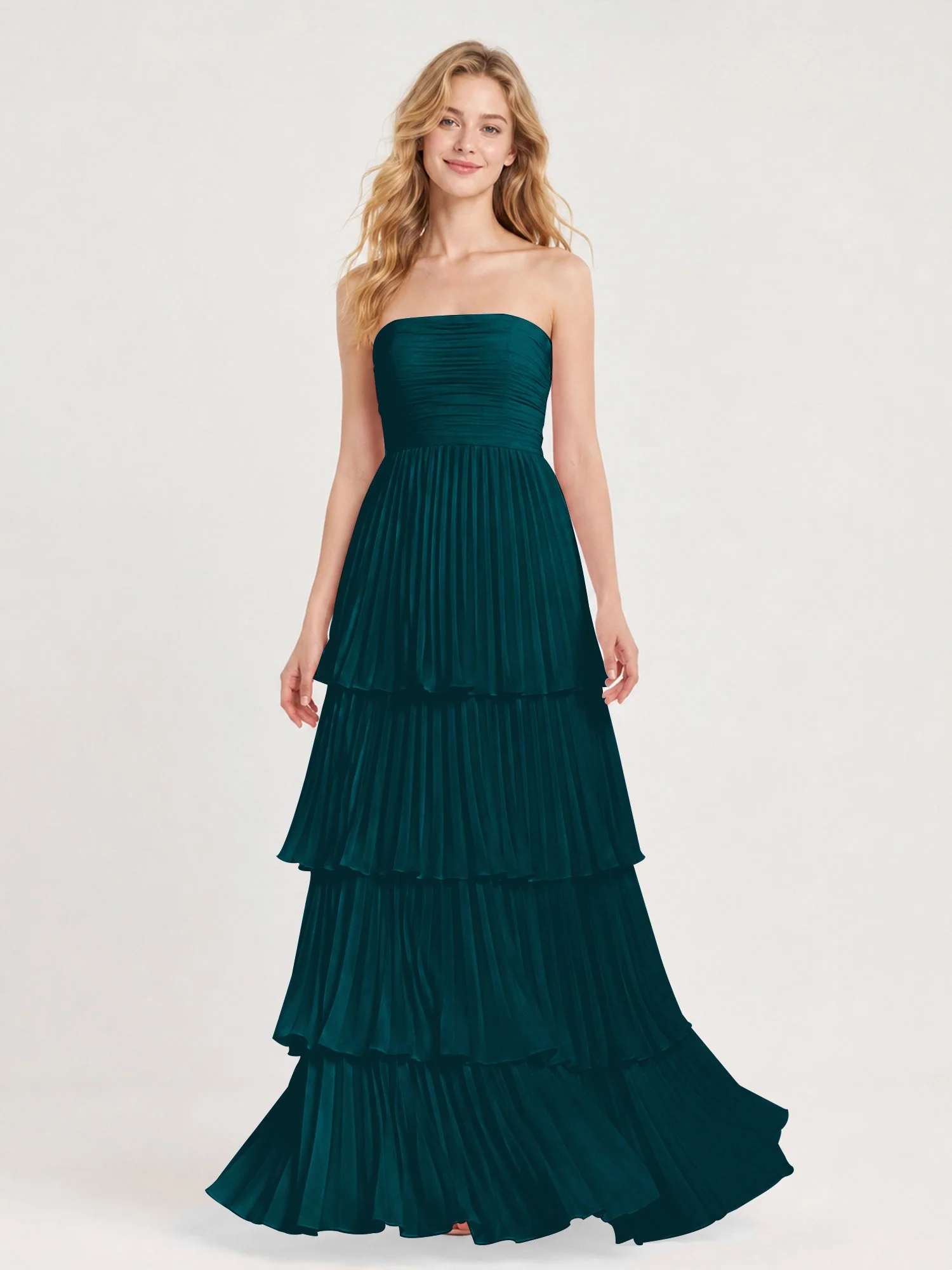 Maxikleid mit Schulterfreiem Oberteil und Akkordeonfalten Kieferngrün