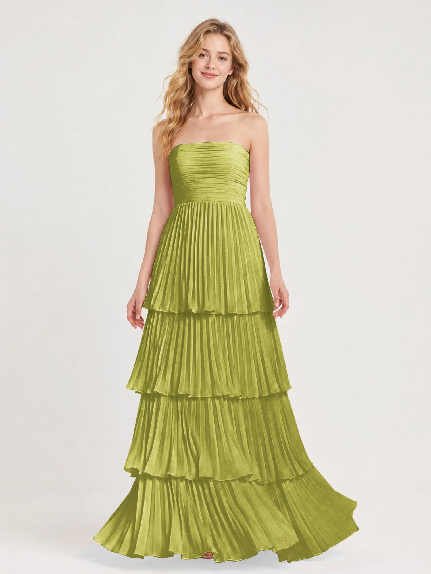 Maxikleid mit Schulterfreiem Oberteil und Akkordeonfalten Kleegrün