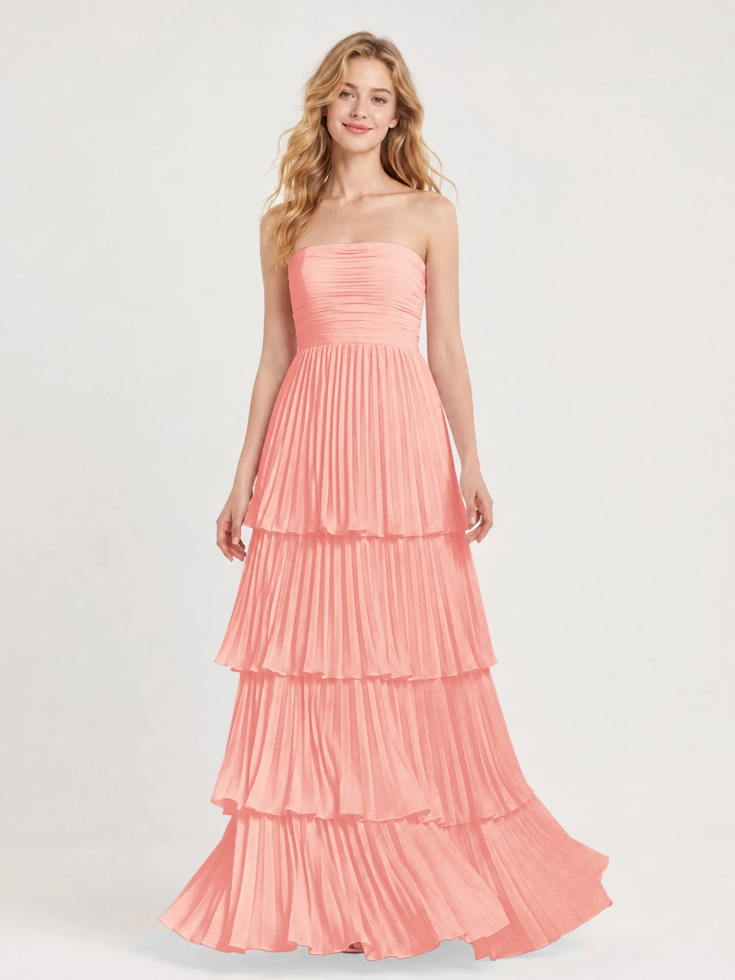 Maxikleid mit Schulterfreiem Oberteil und Akkordeonfalten Koralle