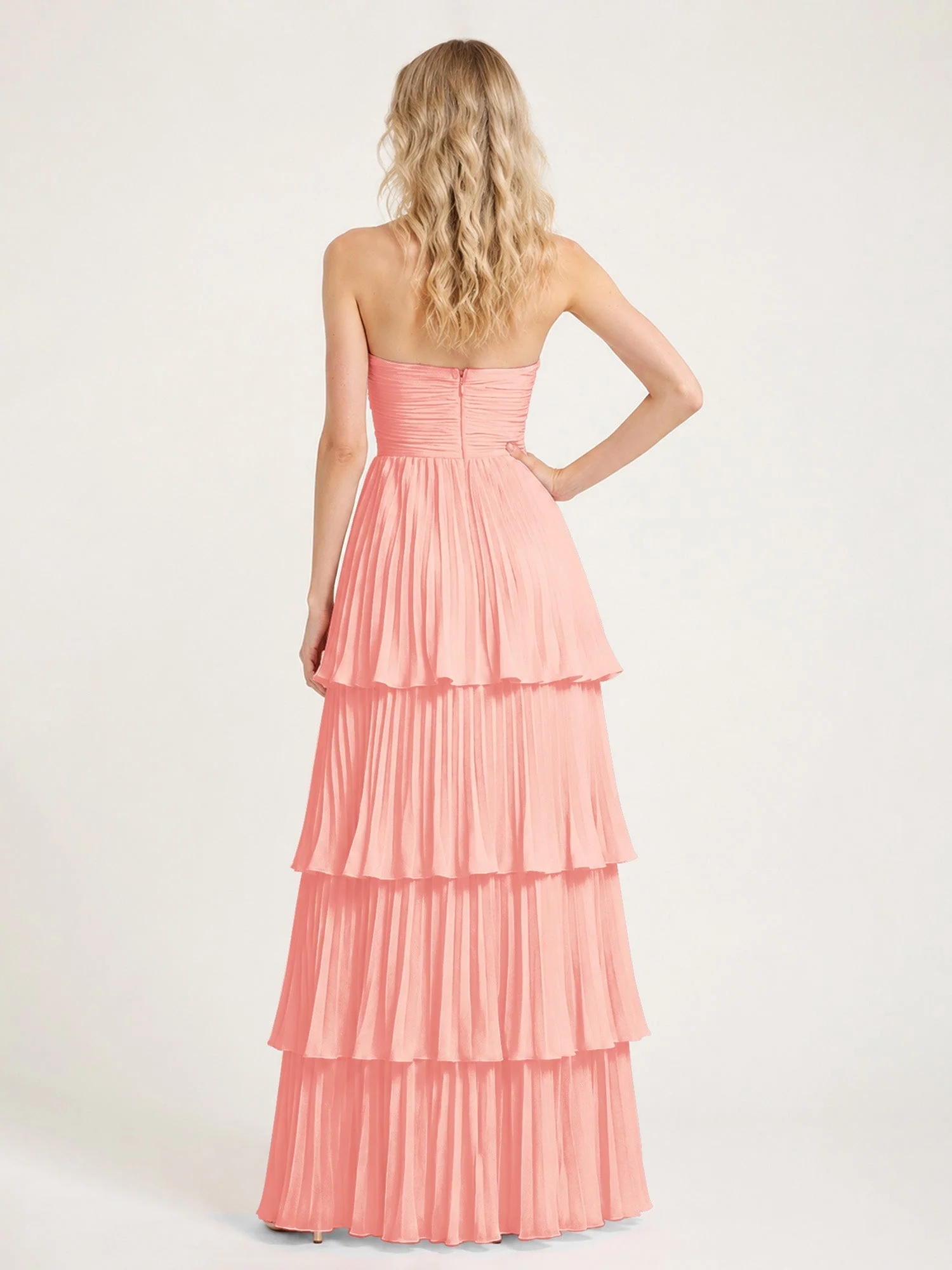 Maxikleid mit Schulterfreiem Oberteil und Akkordeonfalten Koralle - Image 2