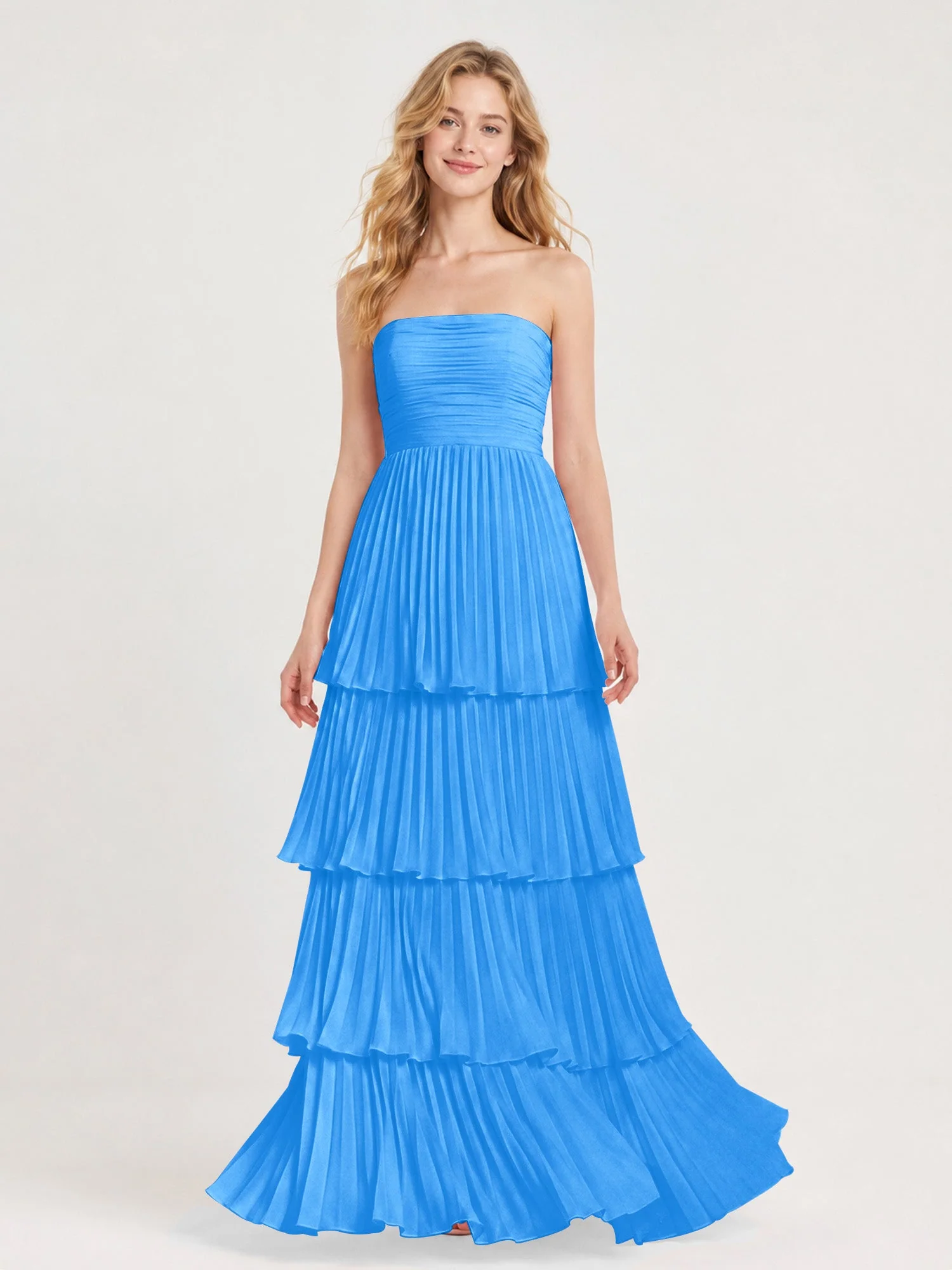 Maxikleid mit Schulterfreiem Oberteil und Akkordeonfalten Meerblau