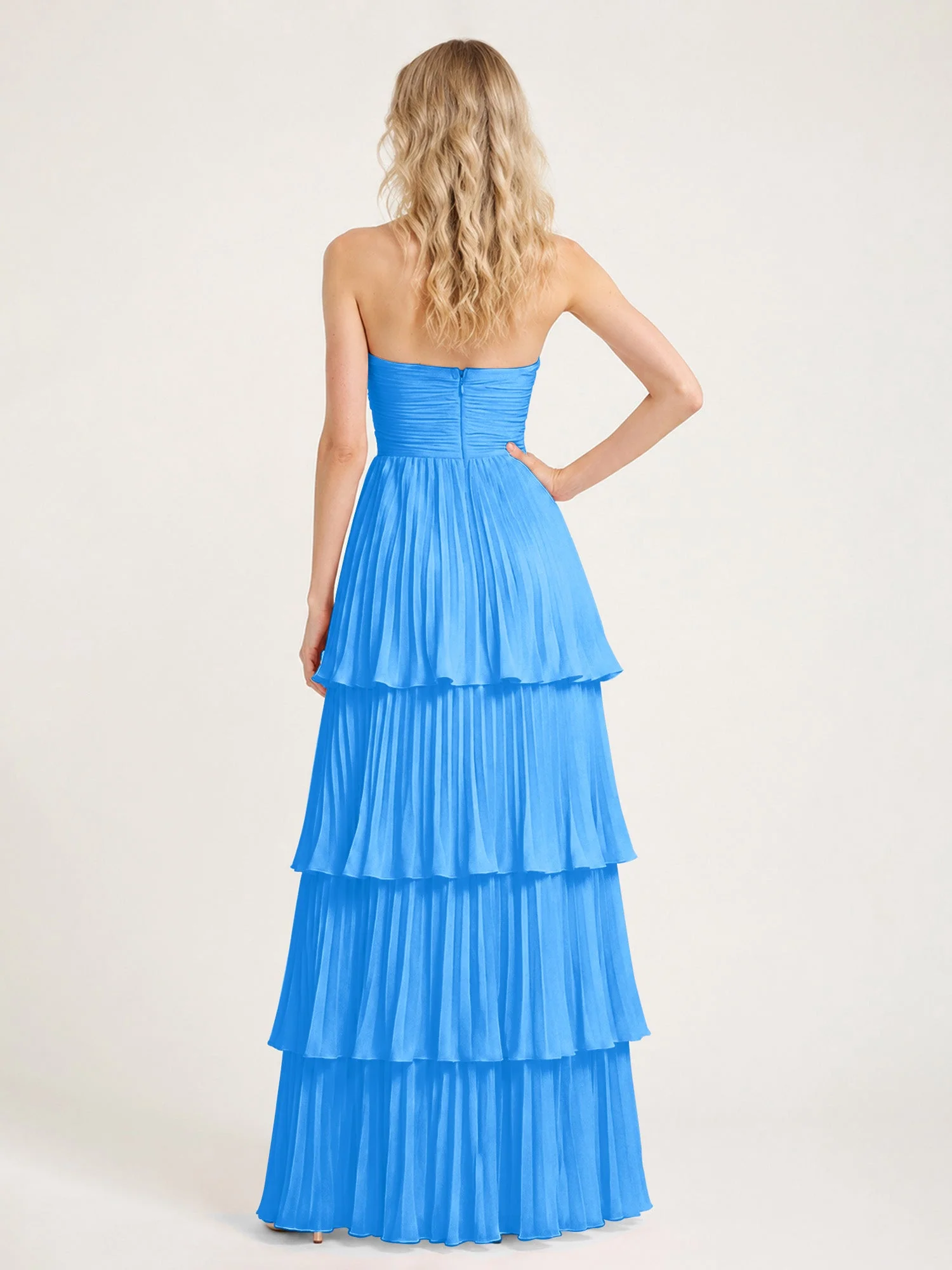Maxikleid mit Schulterfreiem Oberteil und Akkordeonfalten Meerblau - Image 2