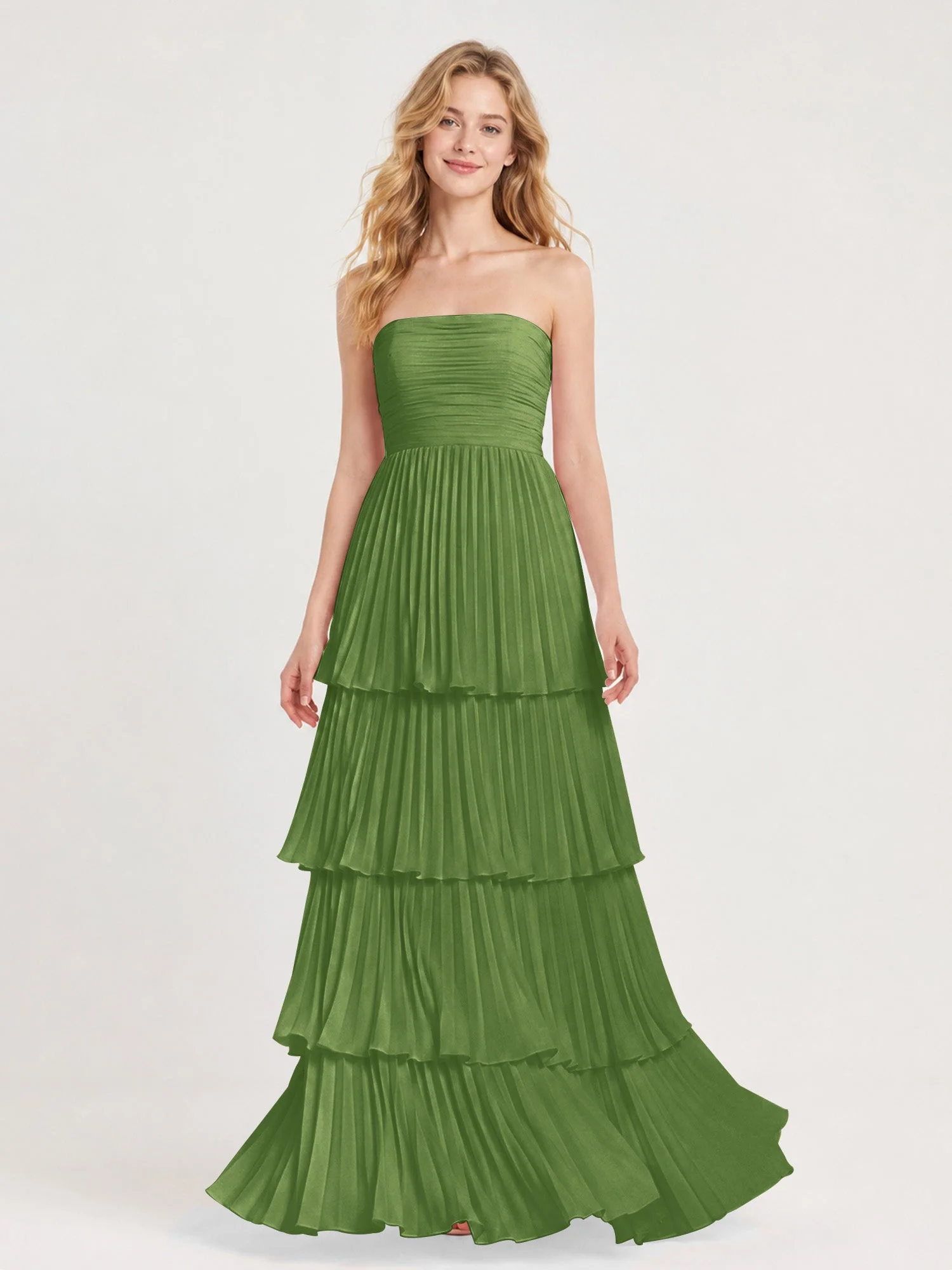 Maxikleid mit Schulterfreiem Oberteil und Akkordeonfalten Moos