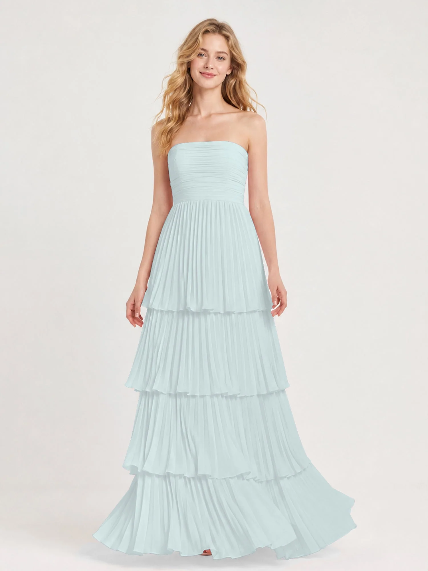 Maxikleid mit Schulterfreiem Oberteil und Akkordeonfalten Nebel