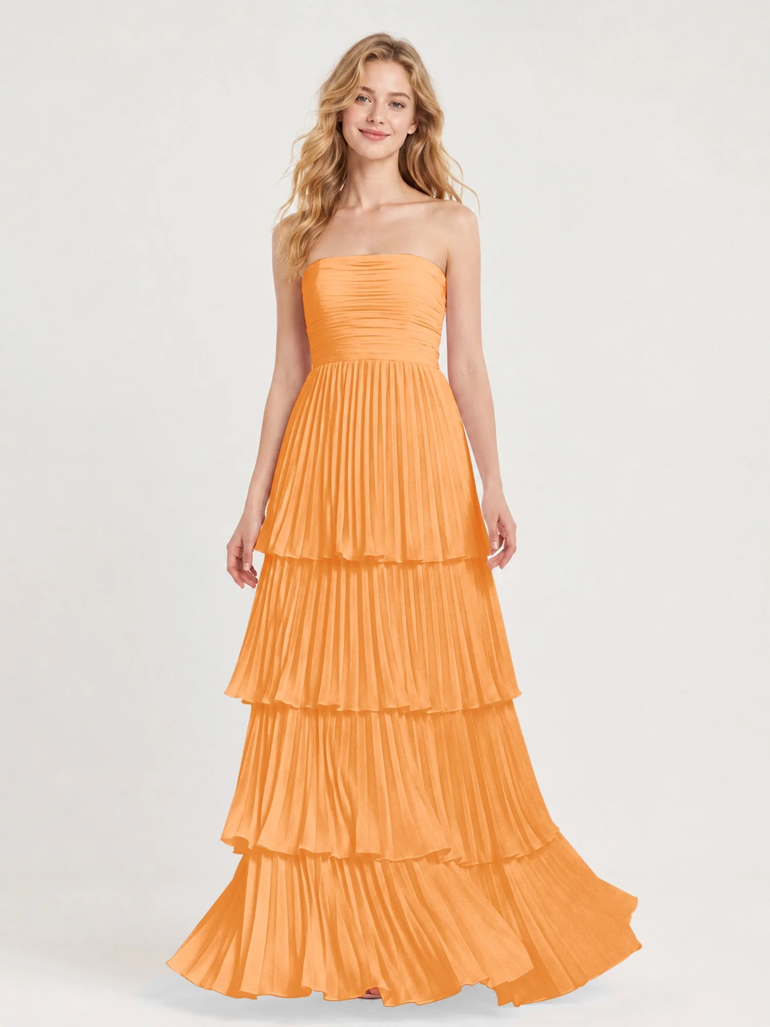 Maxikleid mit Schulterfreiem Oberteil und Akkordeonfalten Orange