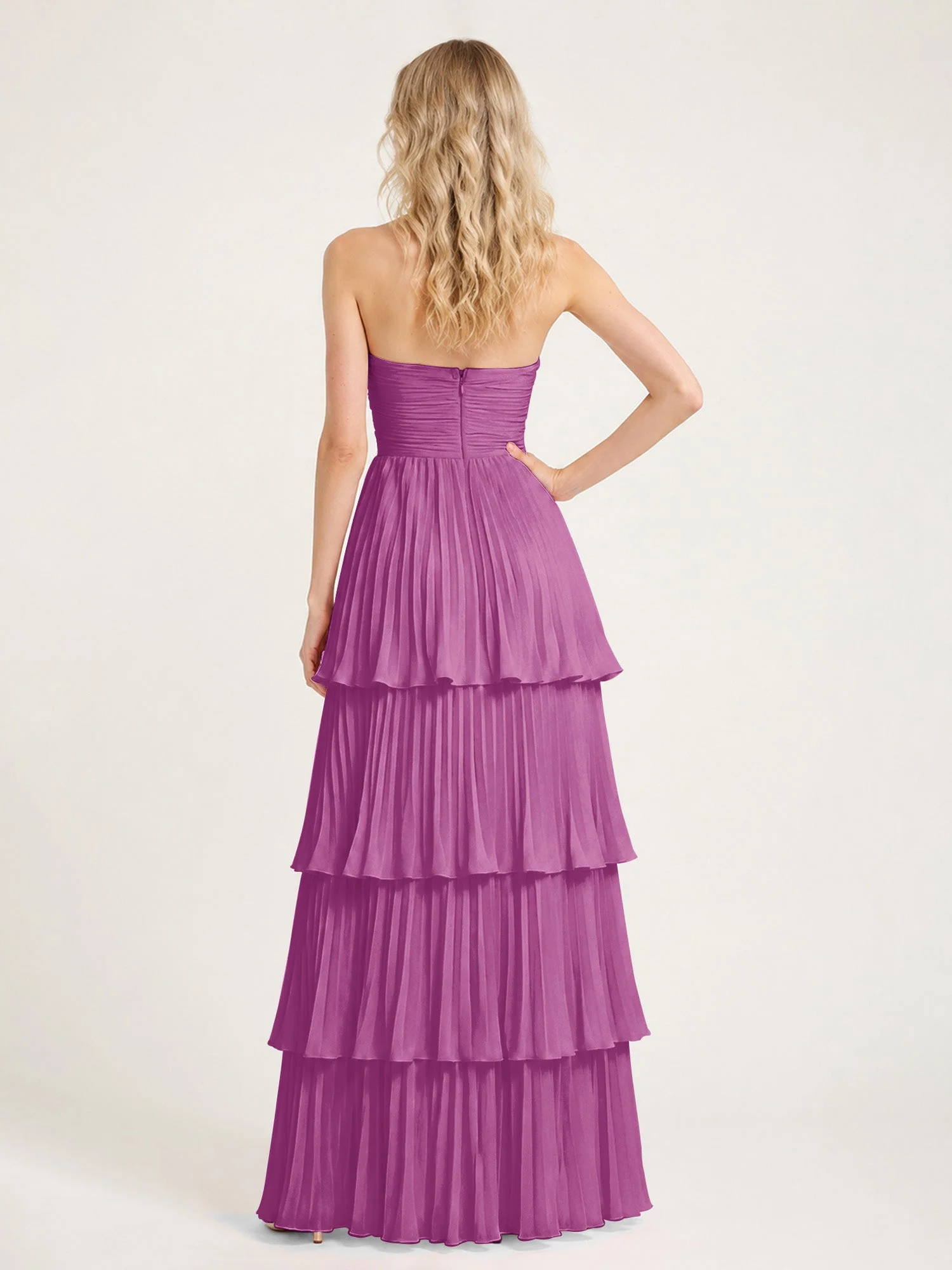 Maxikleid mit Schulterfreiem Oberteil und Akkordeonfalten Orchidee - Image 2