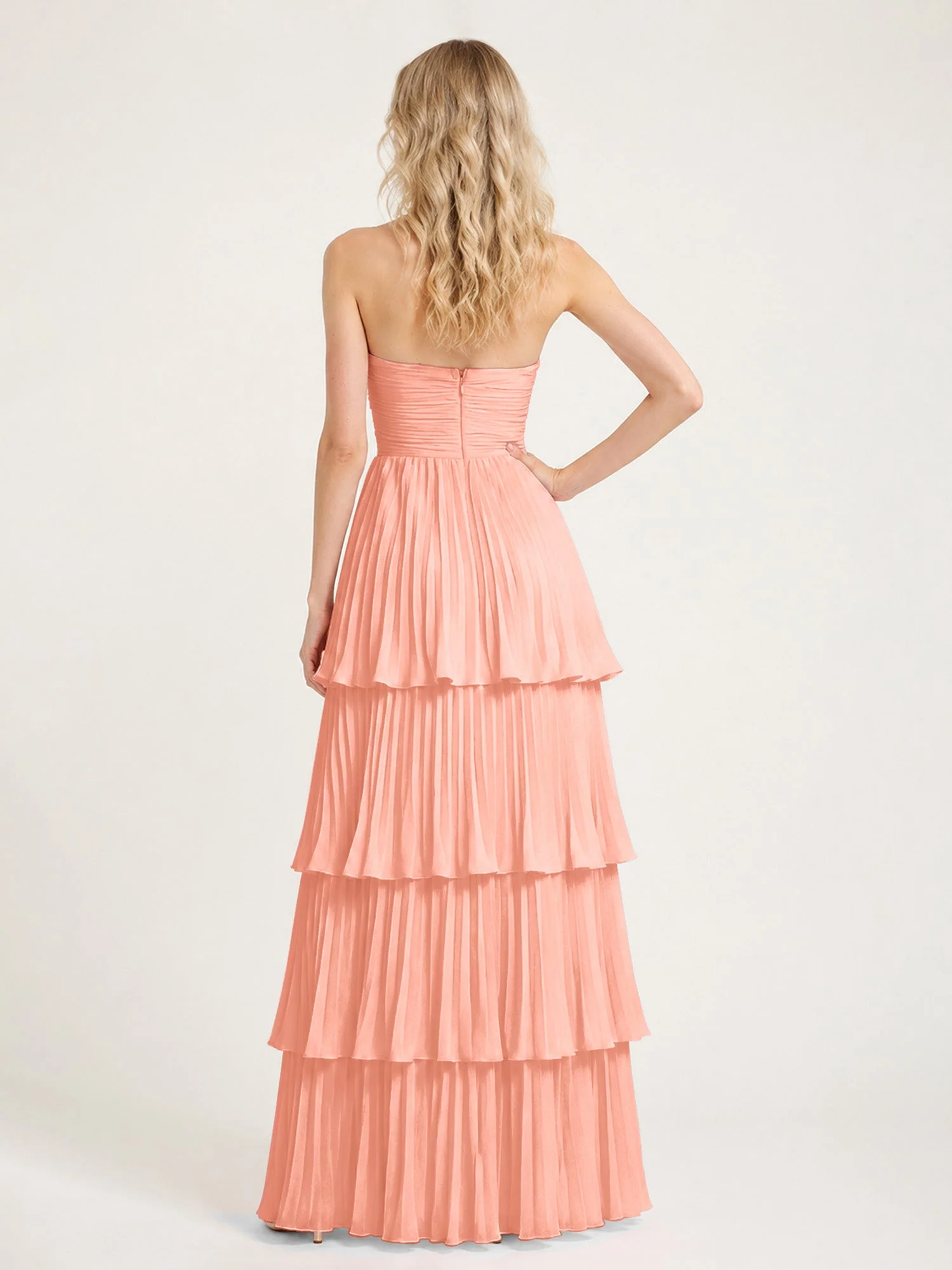 Maxikleid mit Schulterfreiem Oberteil und Akkordeonfalten Papaya - Image 2