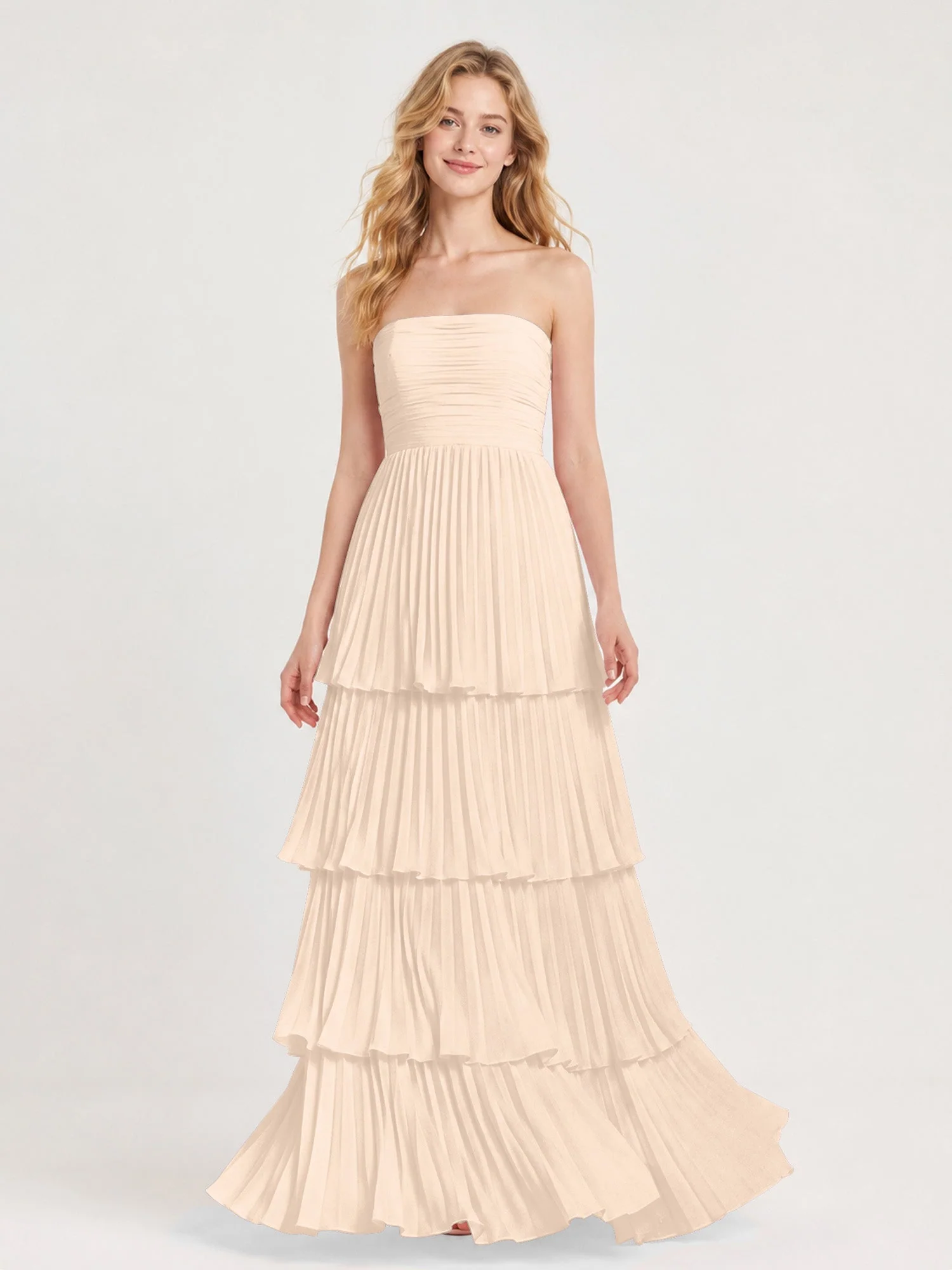 Maxikleid mit Schulterfreiem Oberteil und Akkordeonfalten Pfirsich