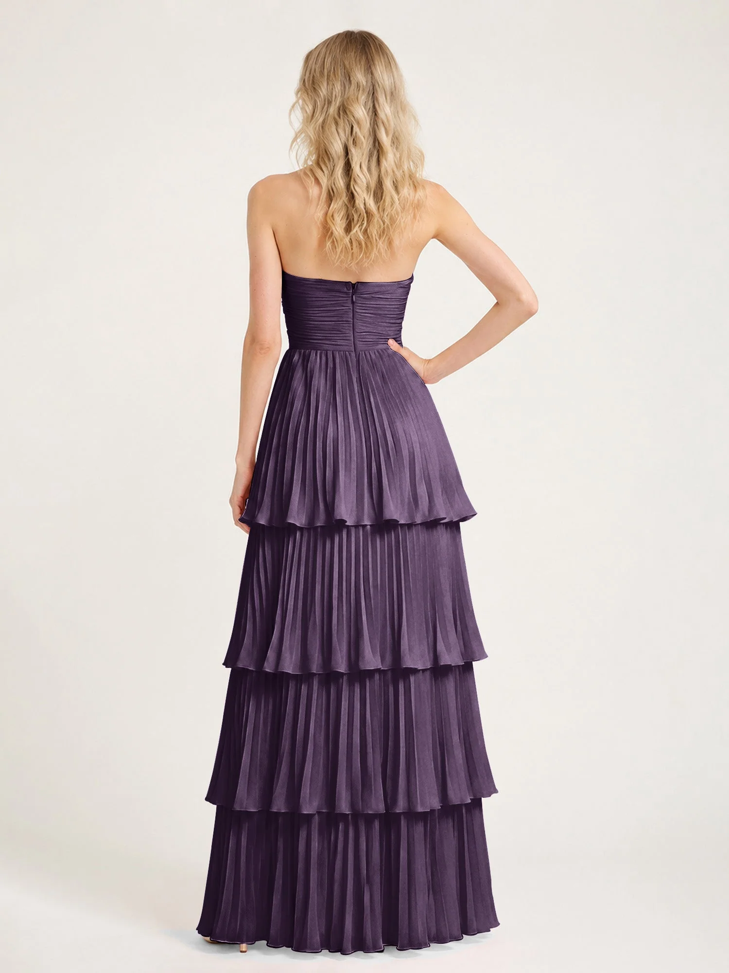 Maxikleid mit Schulterfreiem Oberteil und Akkordeonfalten Plum - Image 2