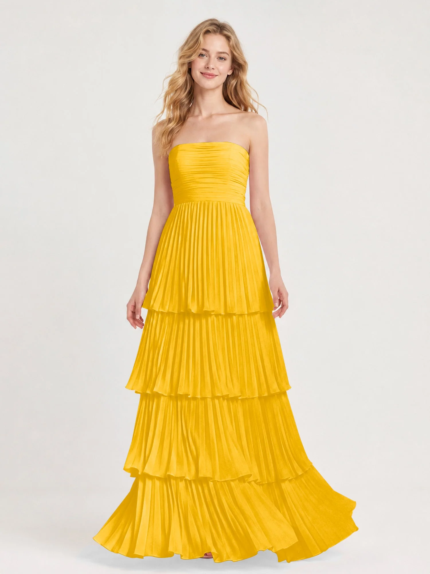 Maxikleid mit Schulterfreiem Oberteil und Akkordeonfalten Ringelblume