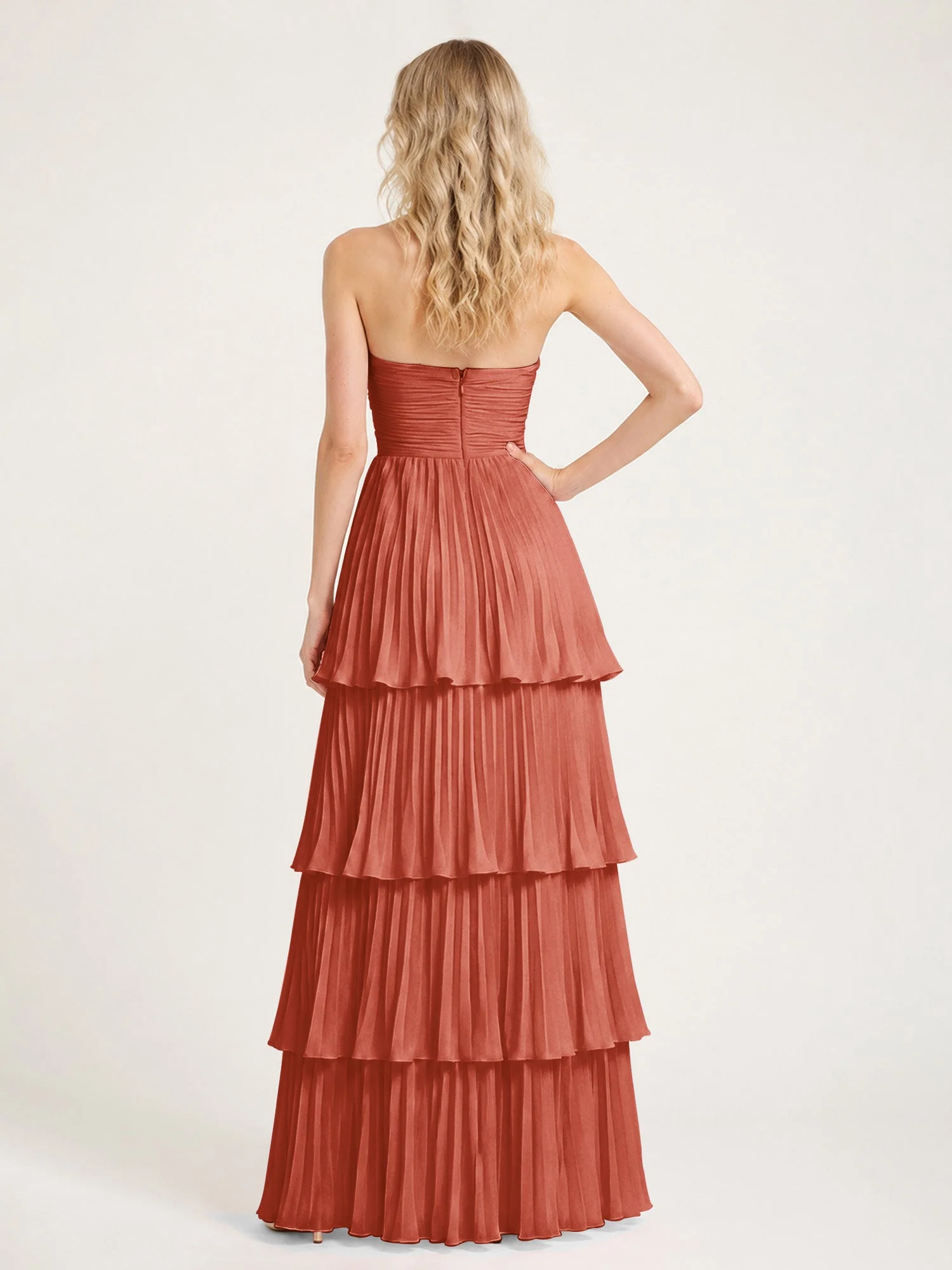 Maxikleid mit Schulterfreiem Oberteil und Akkordeonfalten Rost - Image 2