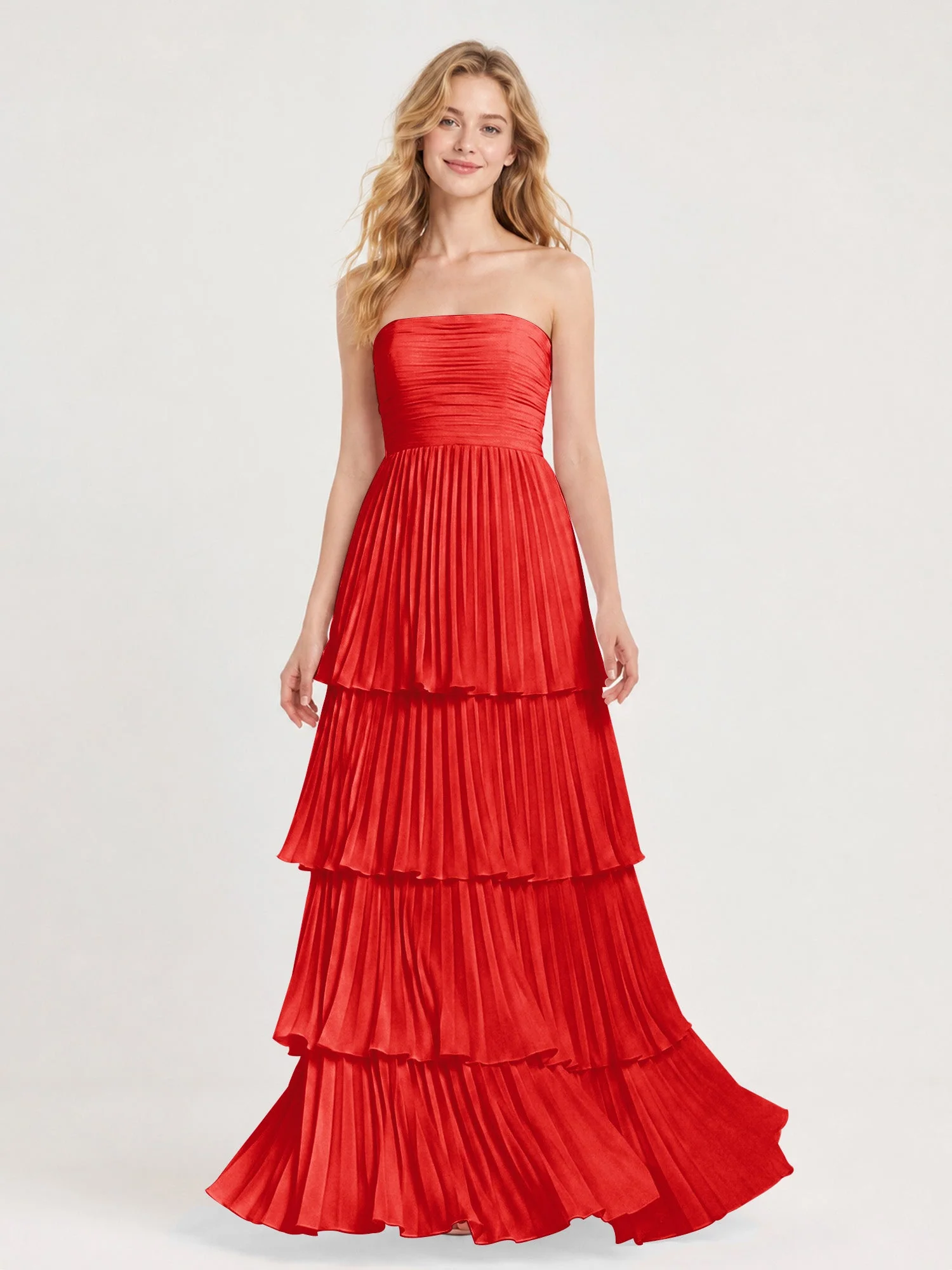 Maxikleid mit Schulterfreiem Oberteil und Akkordeonfalten Rot