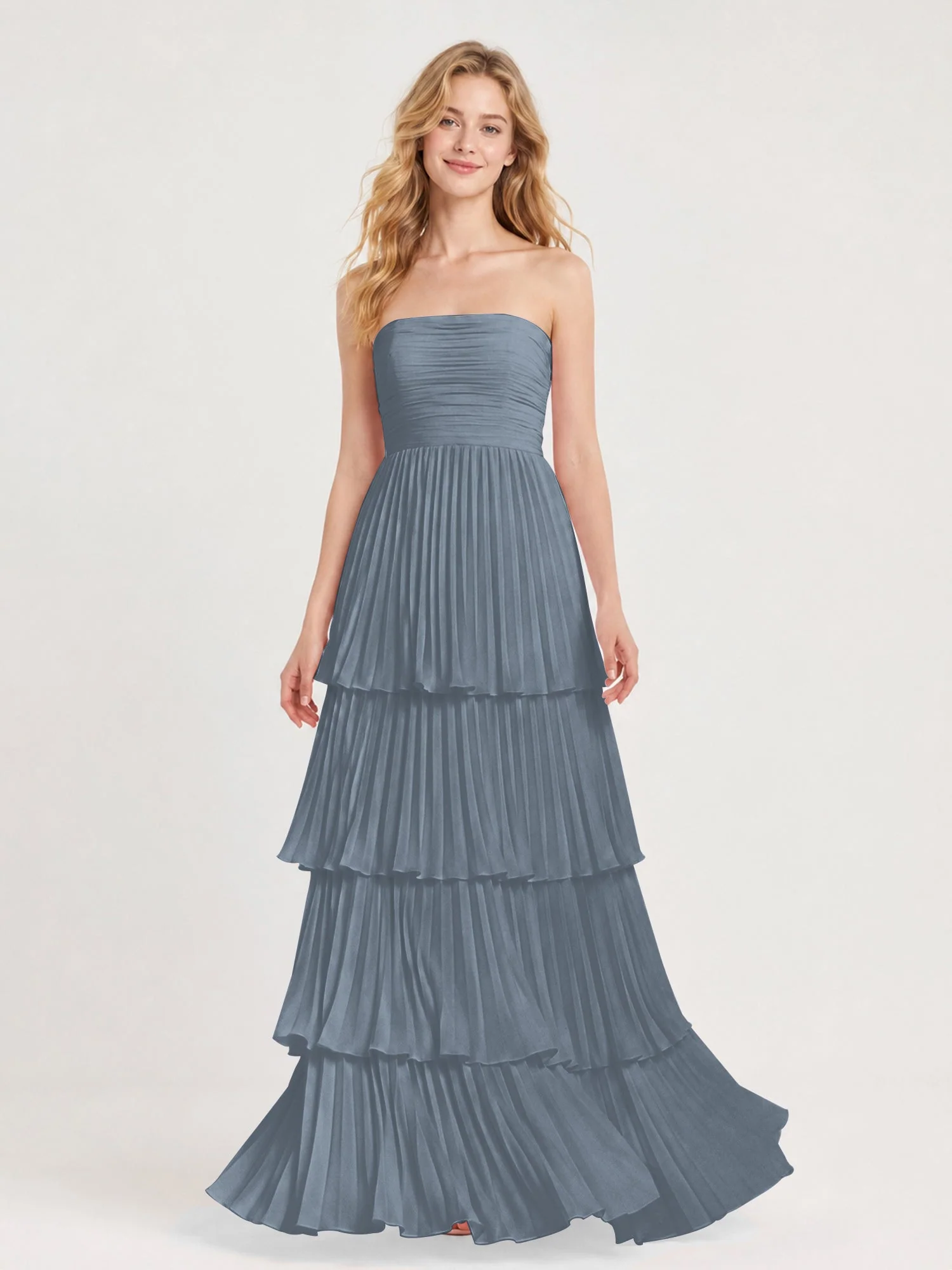 Maxikleid mit Schulterfreiem Oberteil und Akkordeonfalten Schiefer Blau