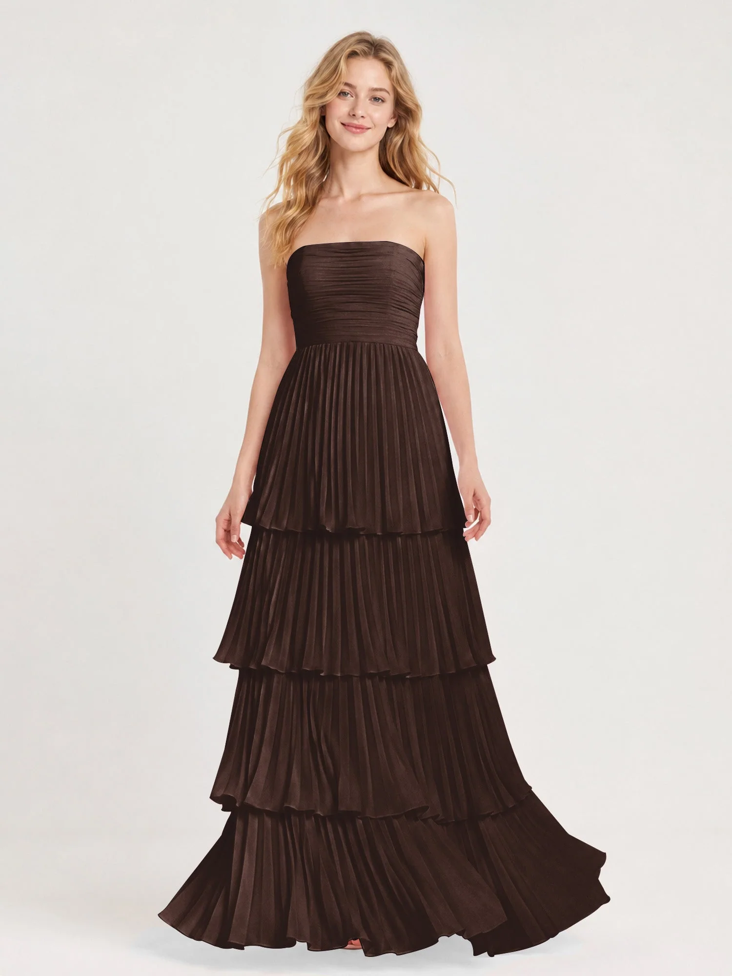 Maxikleid mit Schulterfreiem Oberteil und Akkordeonfalten Schokolade