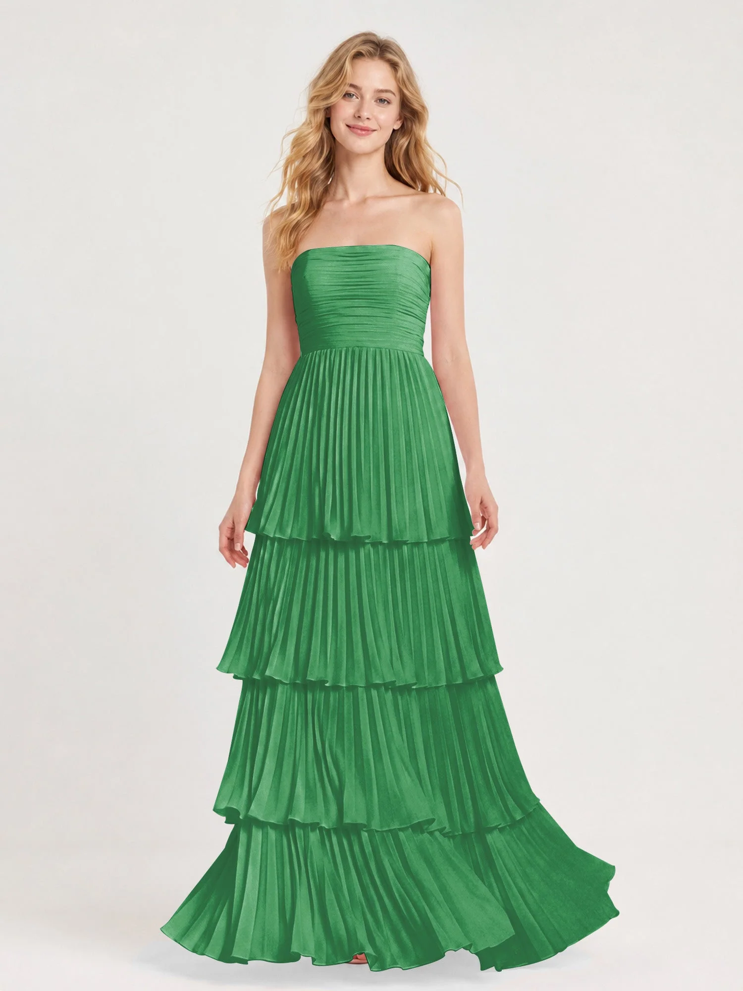 Maxikleid mit Schulterfreiem Oberteil und Akkordeonfalten Smaragd
