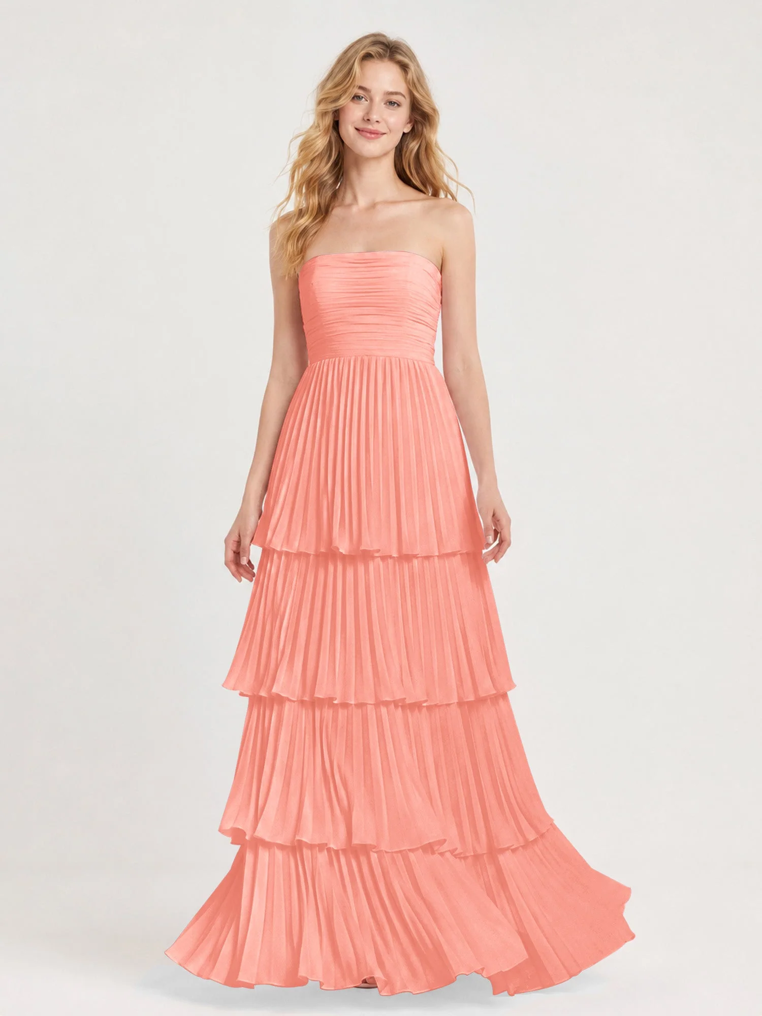 Maxikleid mit Schulterfreiem Oberteil und Akkordeonfalten Sonnenuntergang