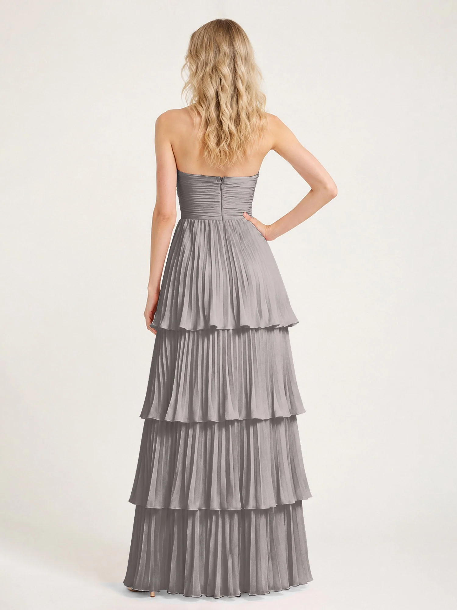 Maxikleid mit Schulterfreiem Oberteil und Akkordeonfalten Stahlgrau - Image 2