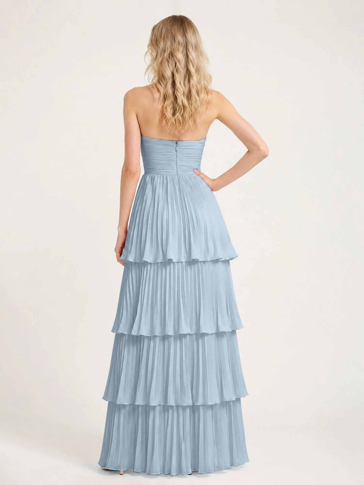 Maxikleid mit Schulterfreiem Oberteil und Akkordeonfalten Staubiges Blau - Image 2