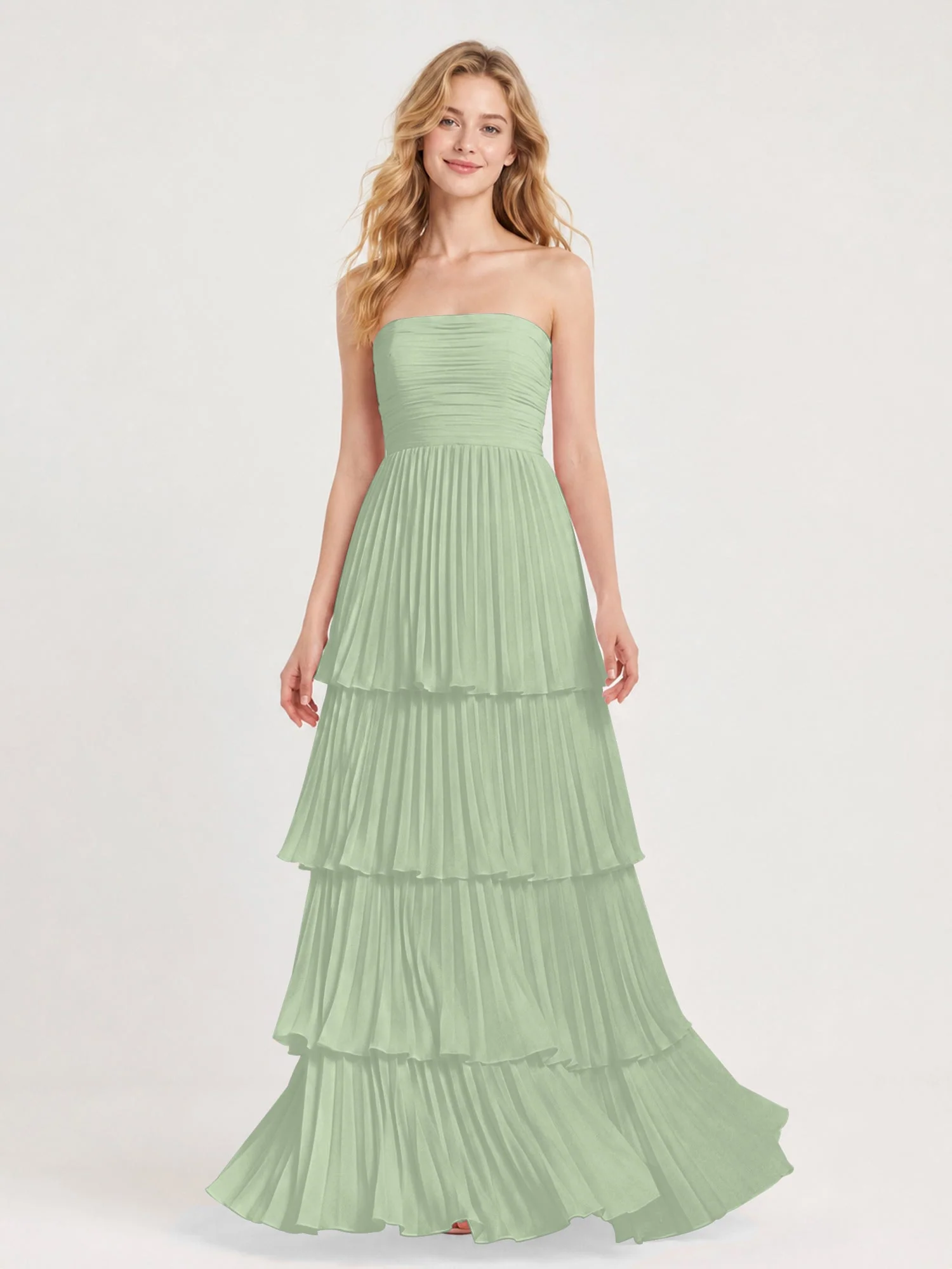 Maxikleid mit Schulterfreiem Oberteil und Akkordeonfalten Staubiges Salbei