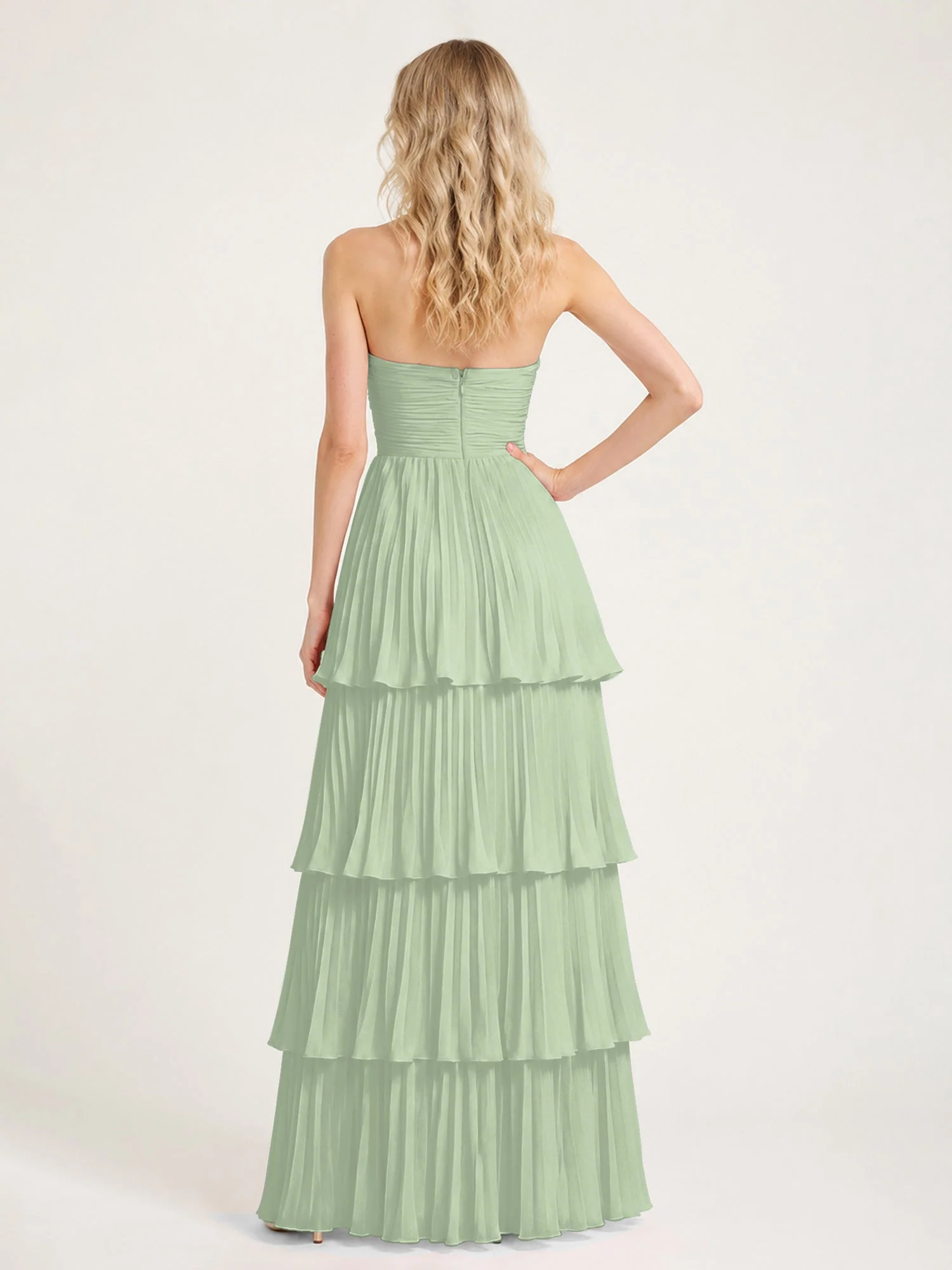 Maxikleid mit Schulterfreiem Oberteil und Akkordeonfalten Staubiges Salbei - Image 2