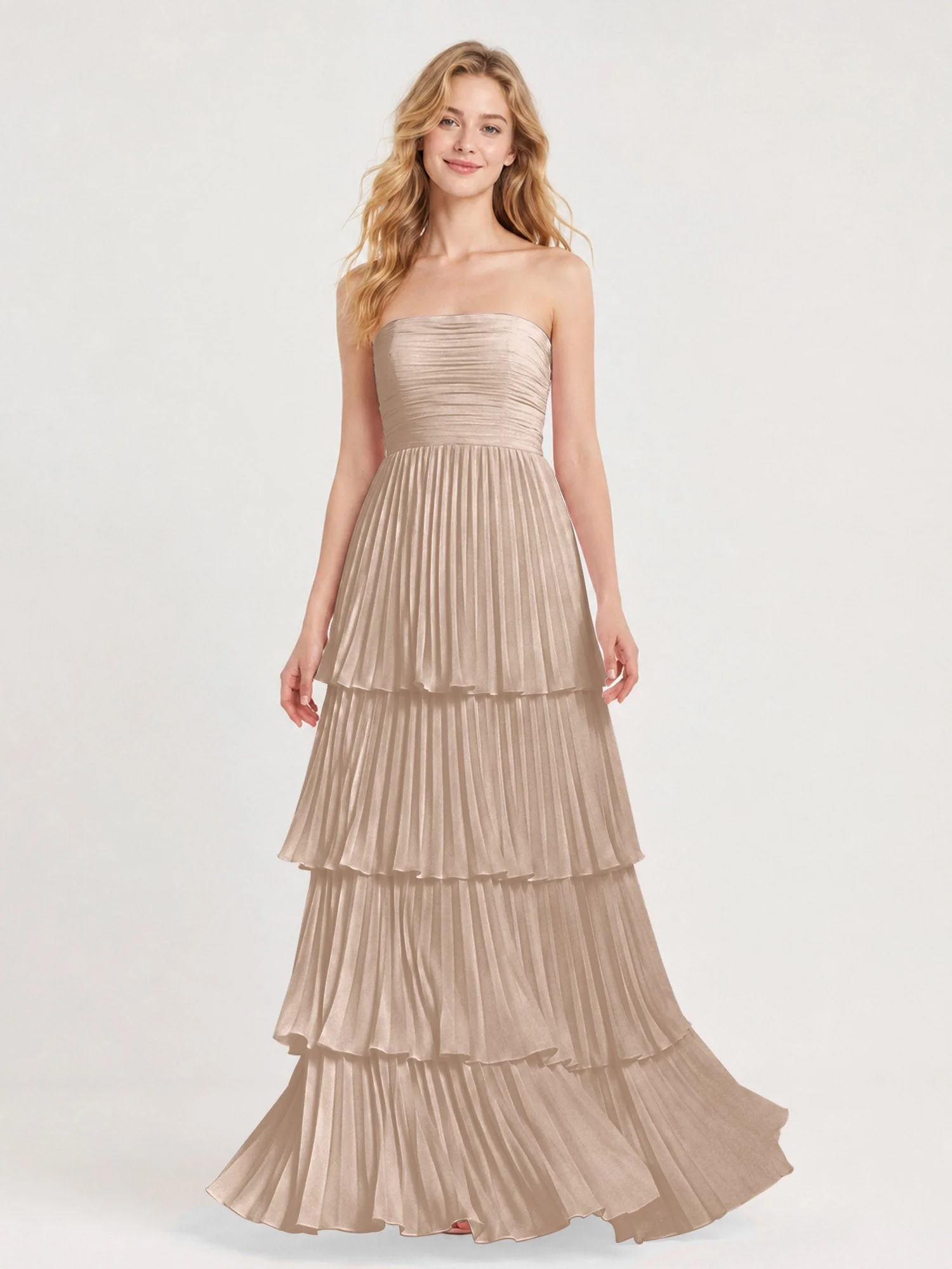Maxikleid mit Schulterfreiem Oberteil und Akkordeonfalten Taupe