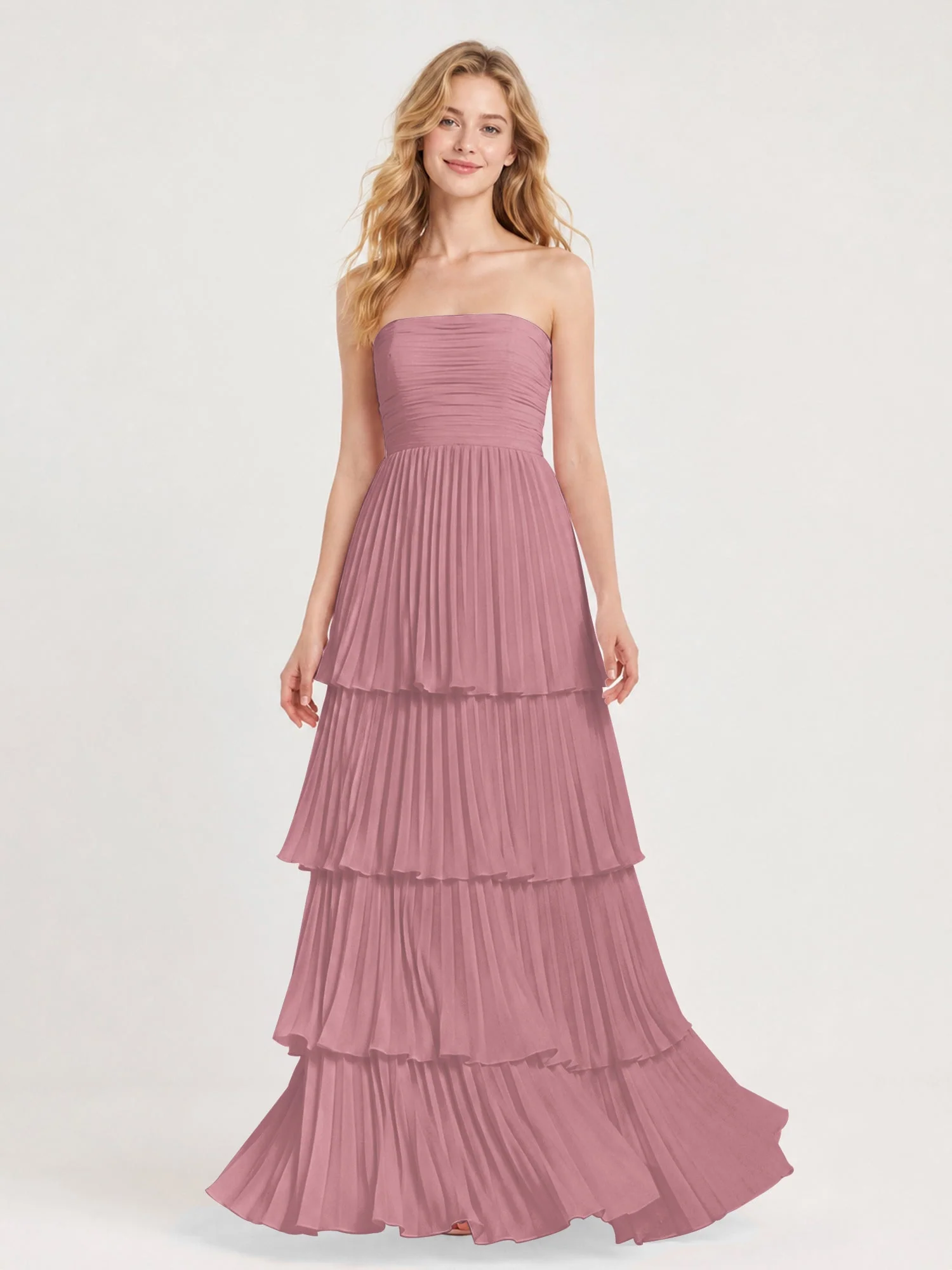 Maxikleid mit Schulterfreiem Oberteil und Akkordeonfalten Vintage Mauve