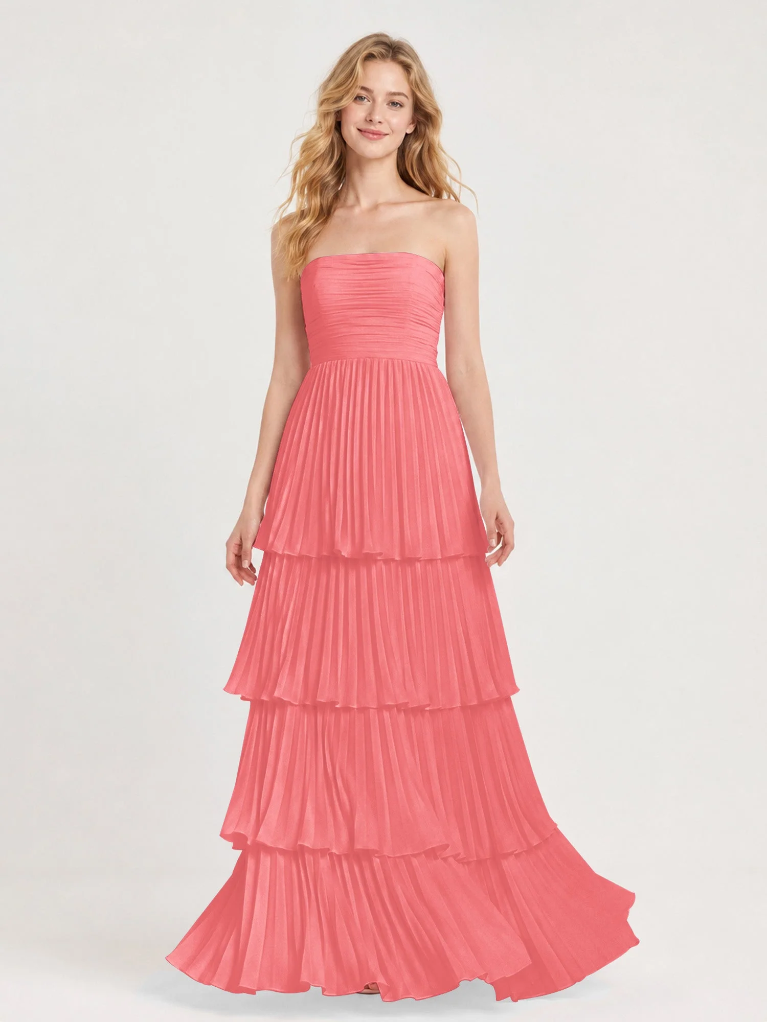 Maxikleid mit Schulterfreiem Oberteil und Akkordeonfalten Wassermelone
