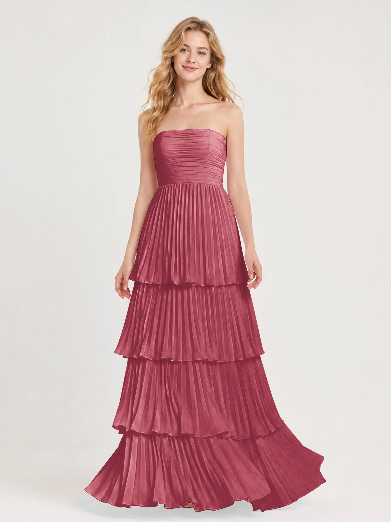 Maxikleid mit Schulterfreiem Oberteil und Akkordeonfalten Zimtrose