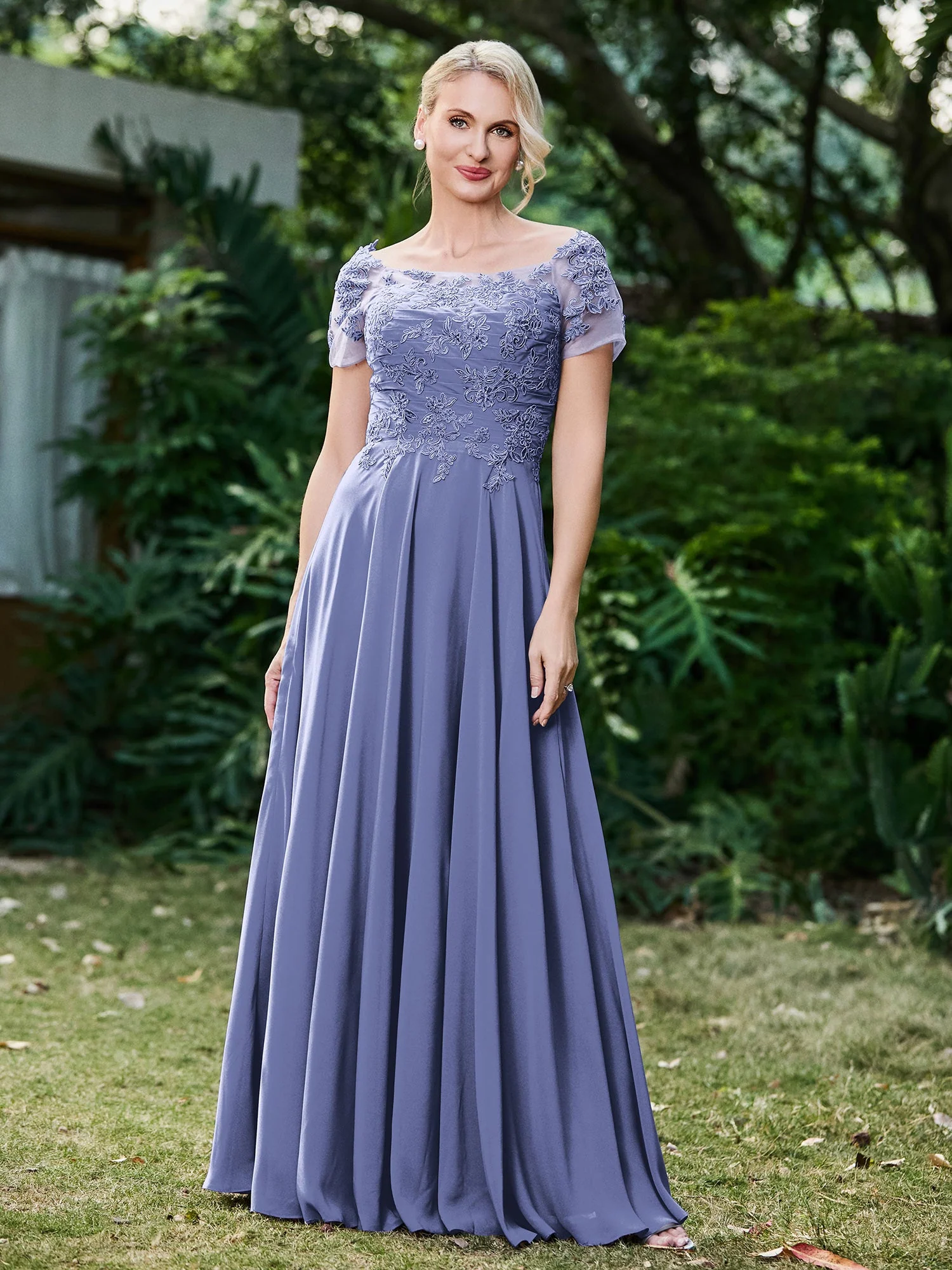 Blumen Applikationen Chiffon Kleid mit Plissee Periwinkleblau - Image 3