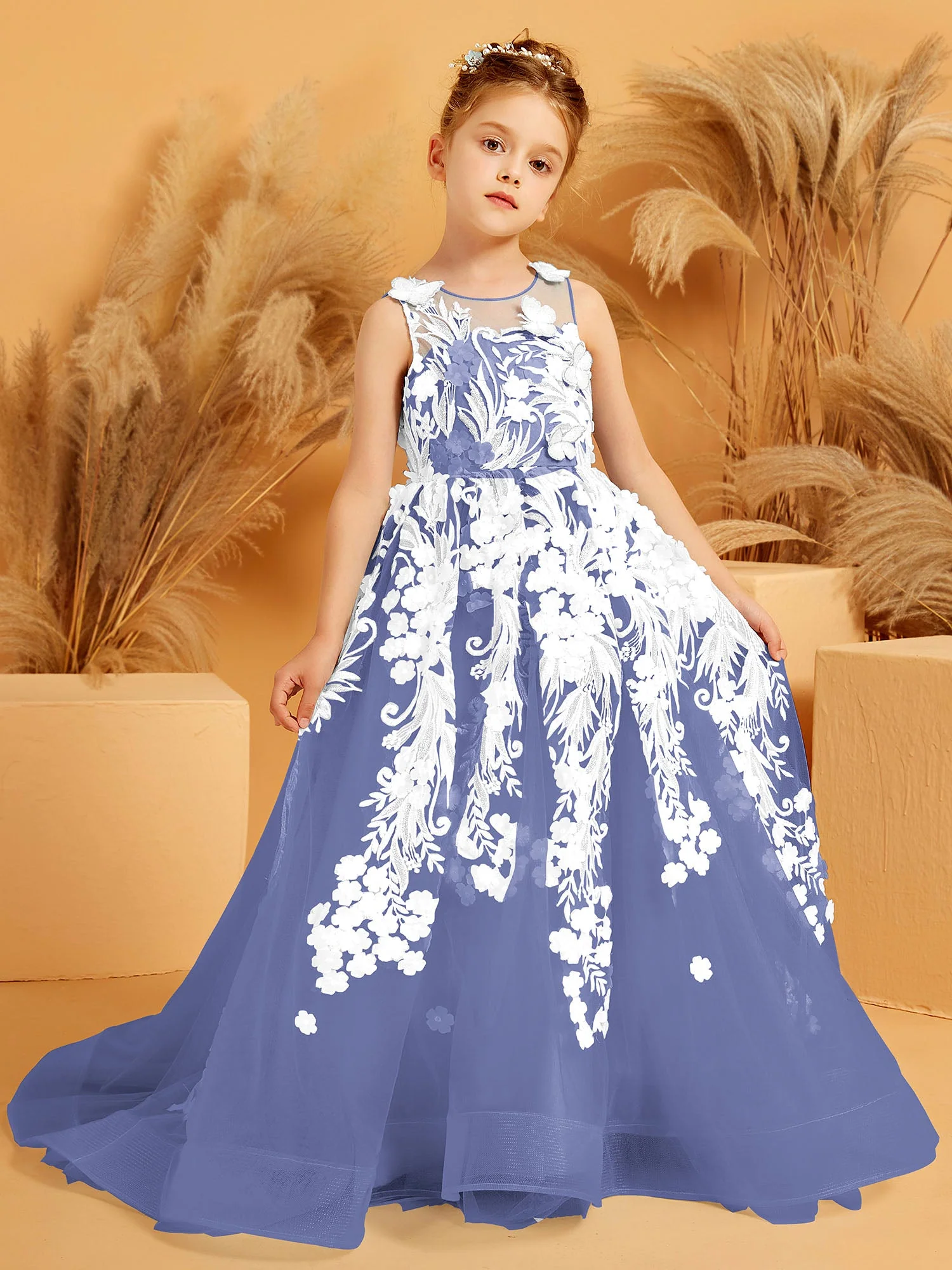 Blumen Applikationen Tüll Ballkleid mit 3D Schmetterling Dekoration Periwinkleblau