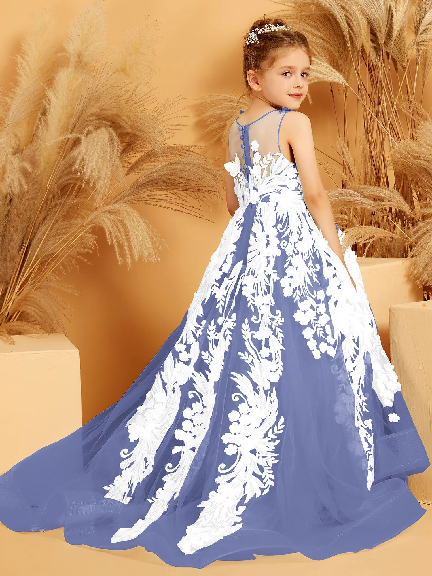 Blumen Applikationen Tüll Ballkleid mit 3D Schmetterling Dekoration Periwinkleblau - Image 2