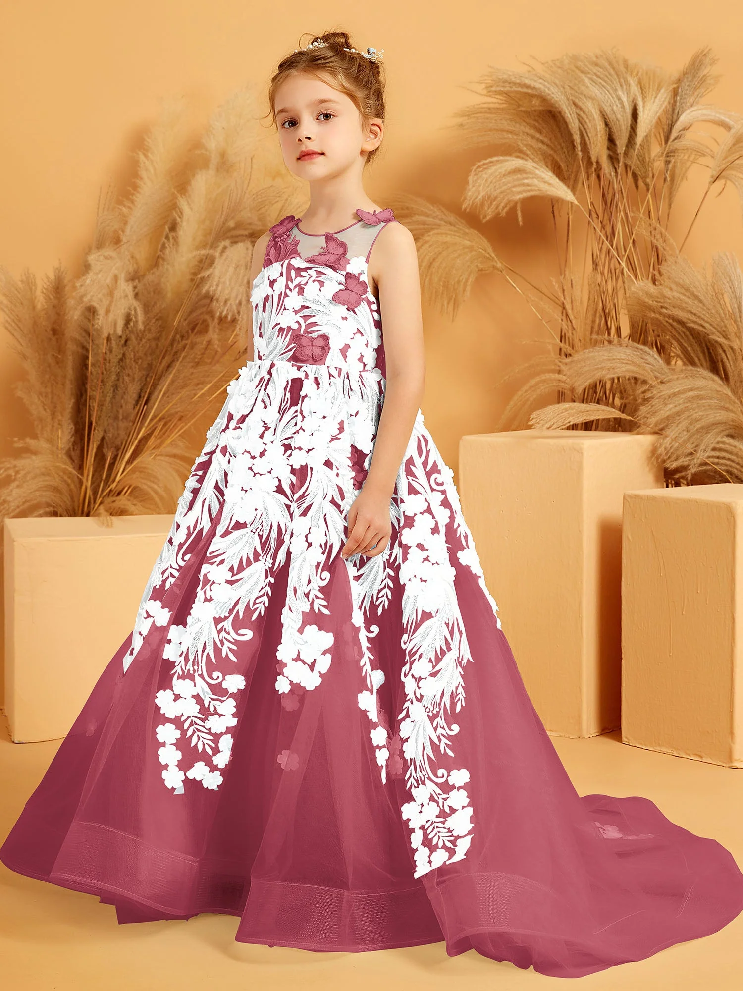 Blumen Applikationen Tüll Ballkleid mit 3D Schmetterling Dekoration Zimtrose - Image 3