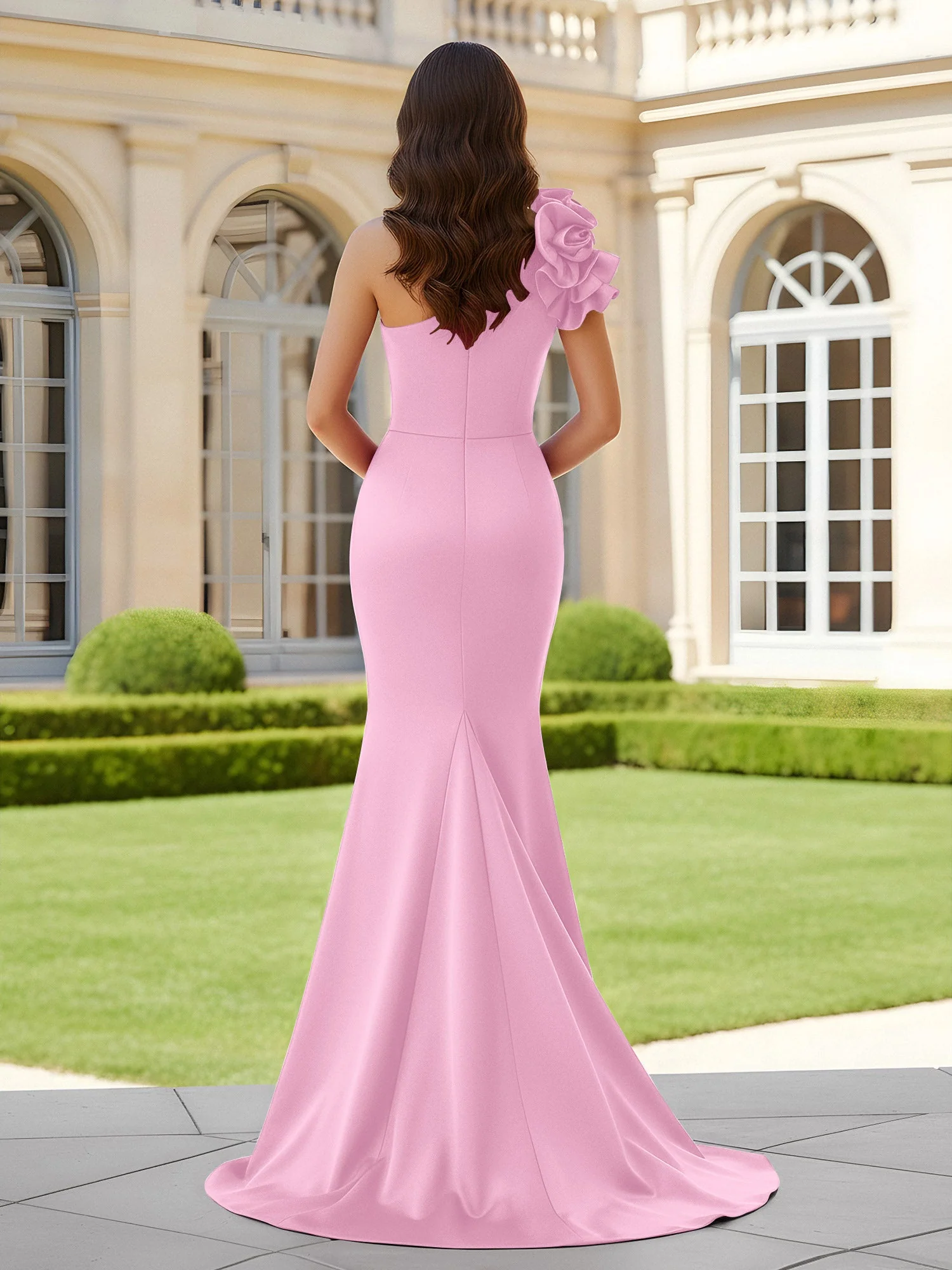 Blumiges One-Shoulder Meerjungfrau mit Plisseefalten und Schlitz Bonbonrosa - Image 2