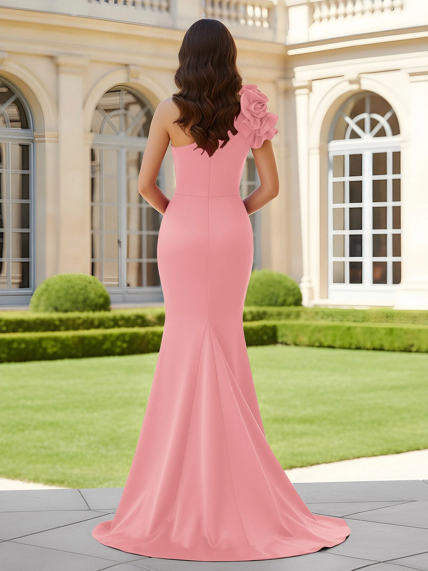 Blumiges One-Shoulder Meerjungfrau mit Plisseefalten und Schlitz Flamingo - Image 2