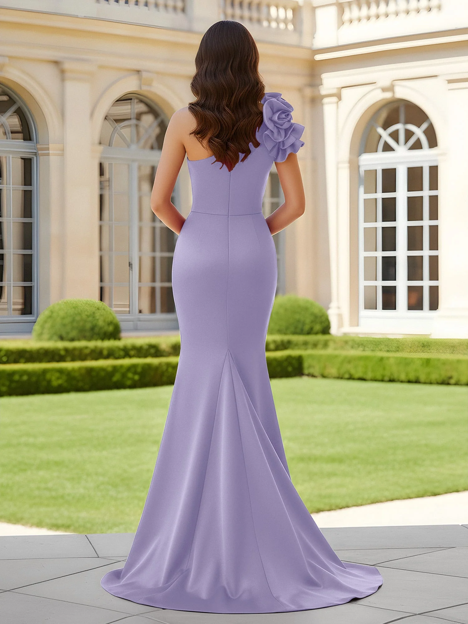 Blumiges One-Shoulder Meerjungfrau mit Plisseefalten und Schlitz Lavendel - Image 2