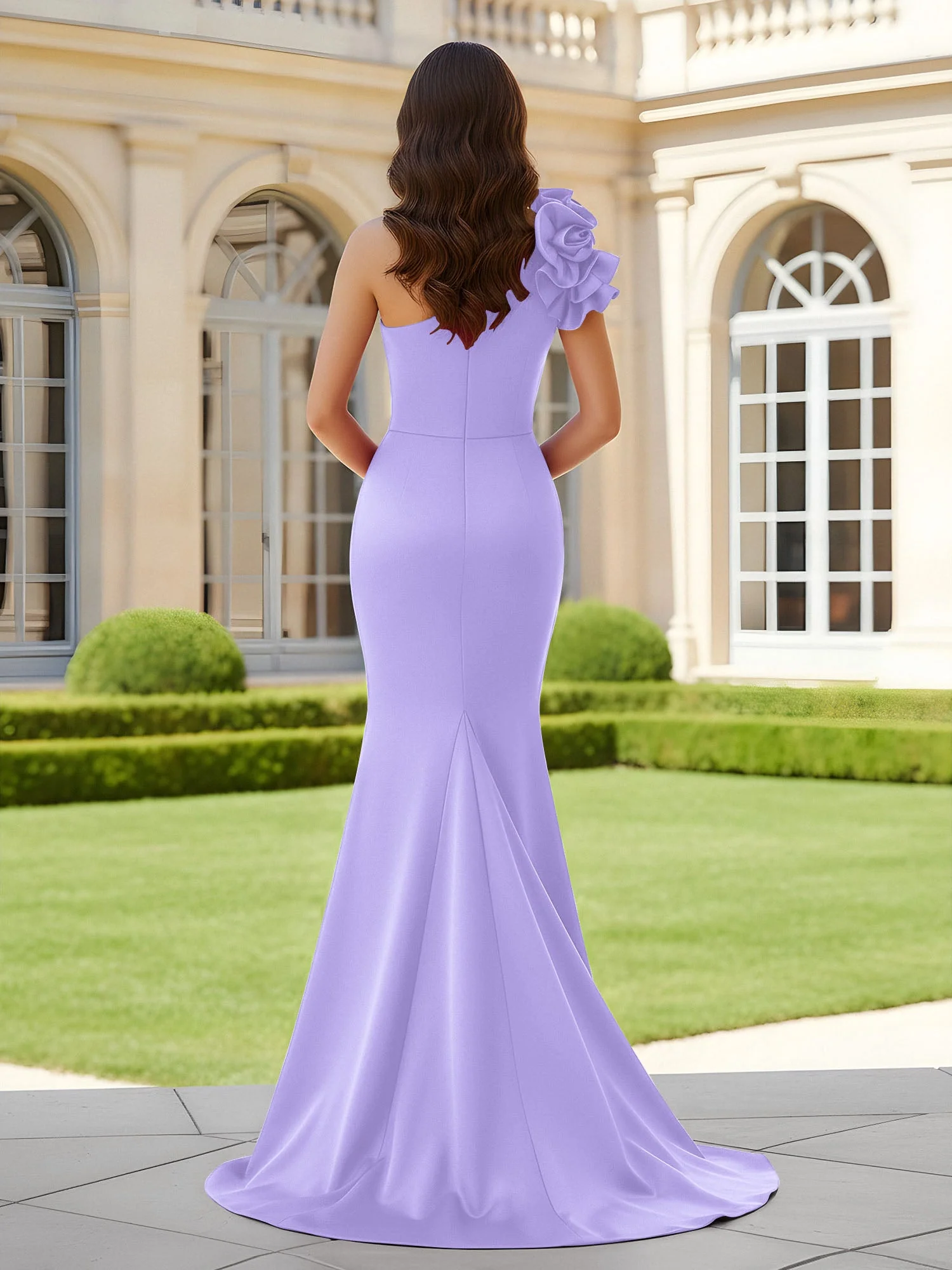 Blumiges One-Shoulder Meerjungfrau mit Plisseefalten und Schlitz Lila - Image 2